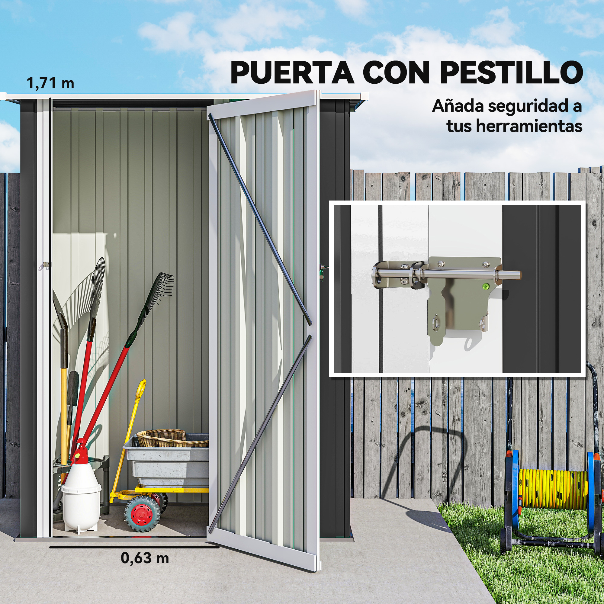 Cobertizo de jardín con puerta abierta, herramientas y carretilla.