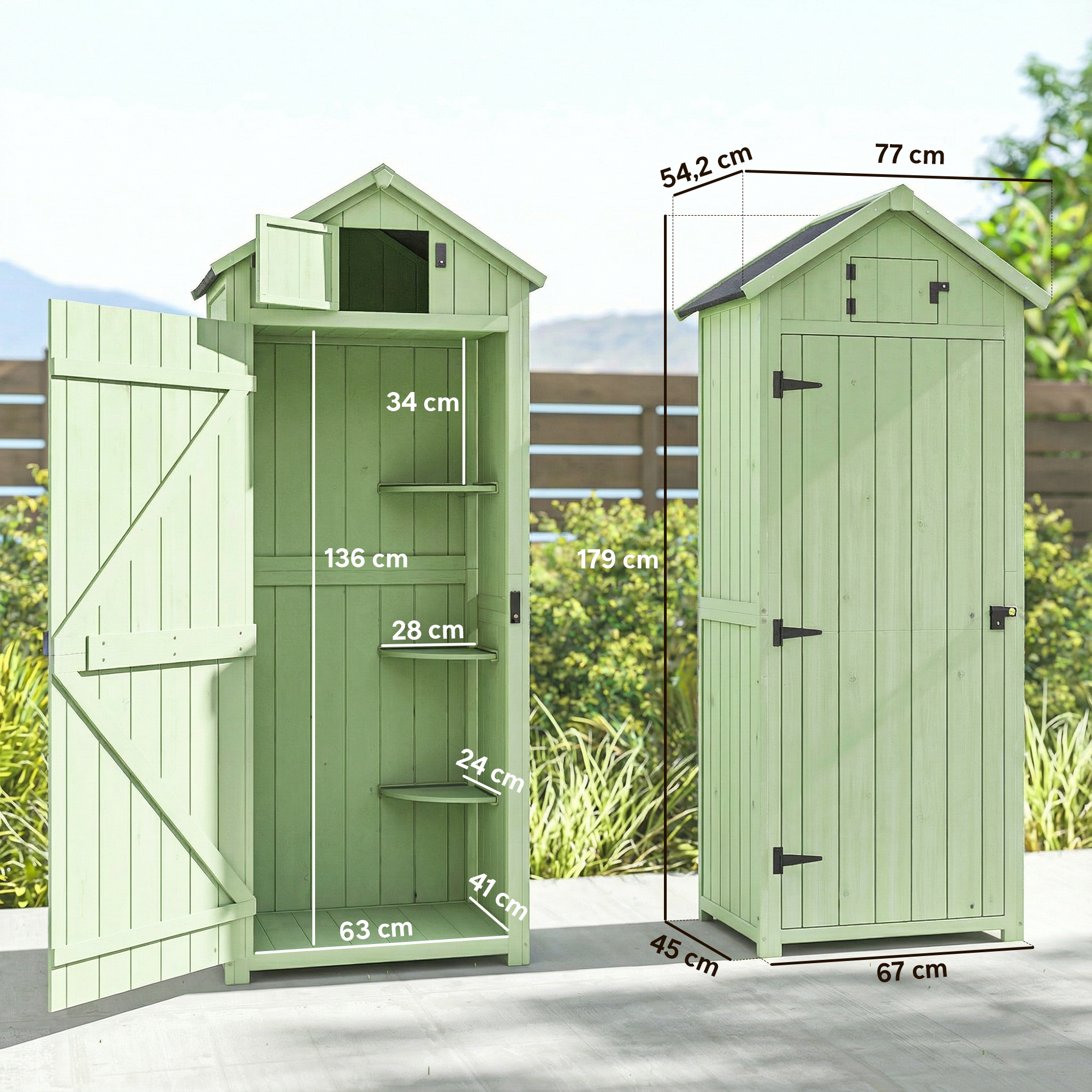 Armarios verdes de madera con puertas abiertas, se muestran las dimensiones.