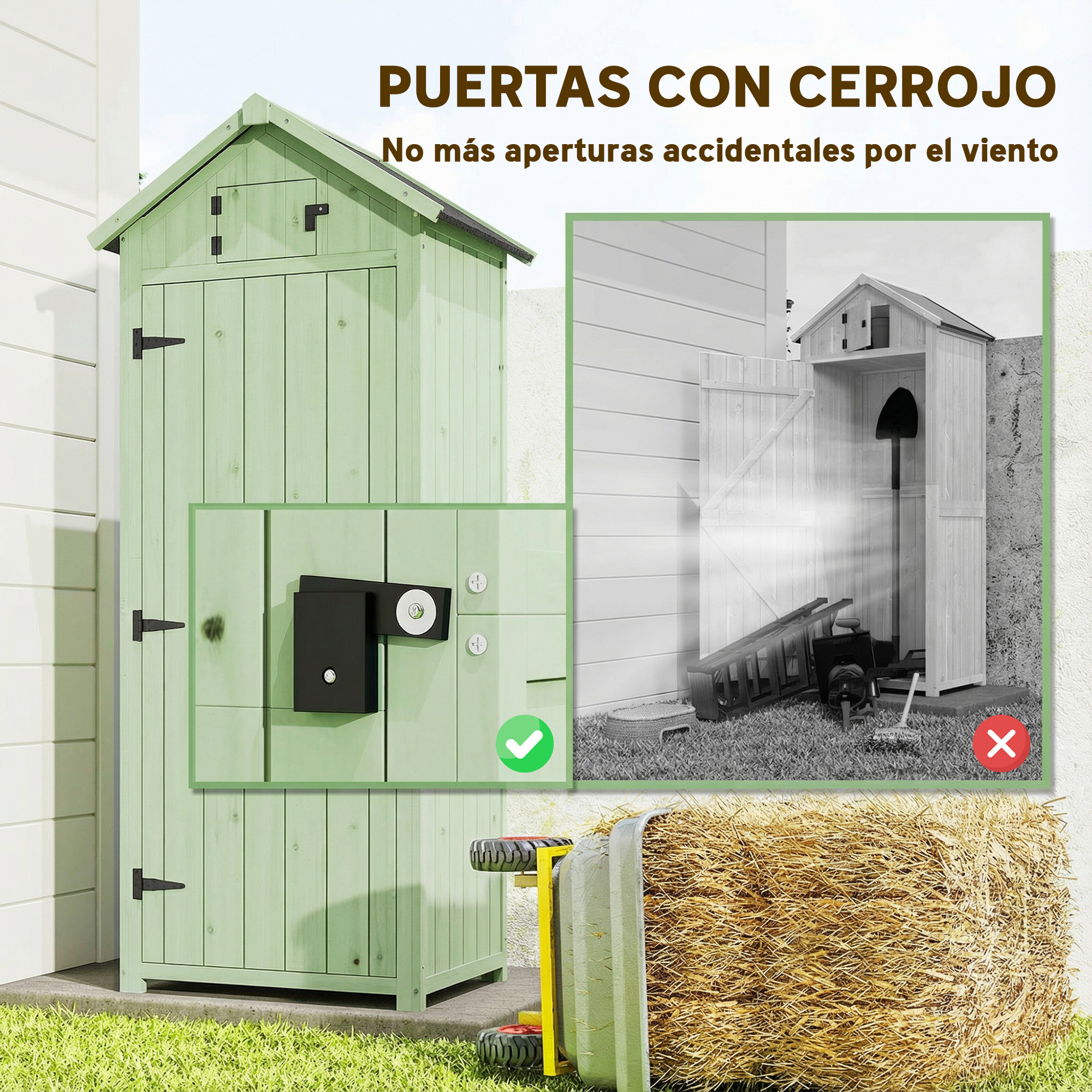 Cobertizo de jardín verde con pestillo, herramientas y fardo de heno.