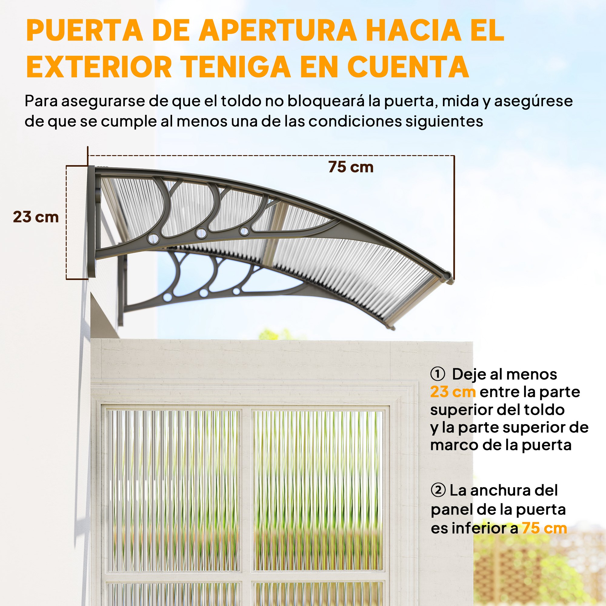 Toldo sobre puerta con medidas de 23 cm y 75 cm.