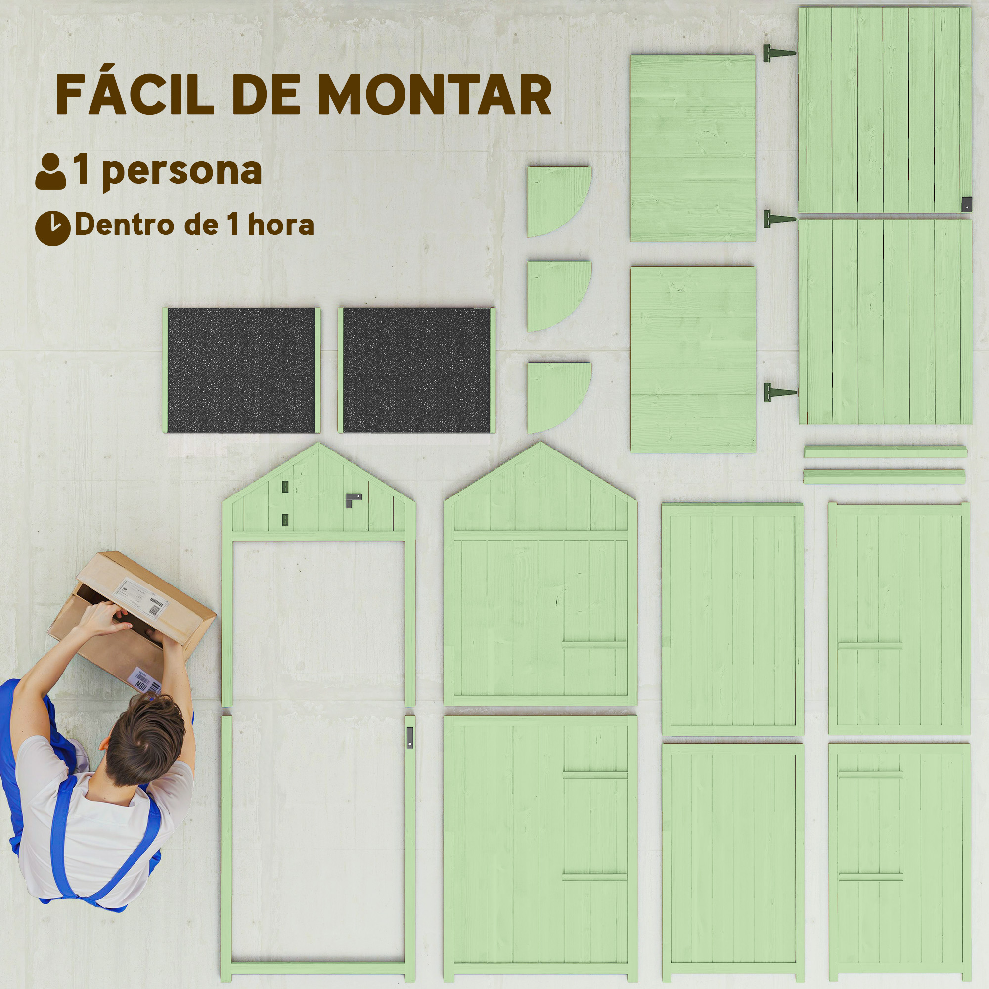 Piezas de madera verdes para un cobertizo, un hombre abre una caja.
