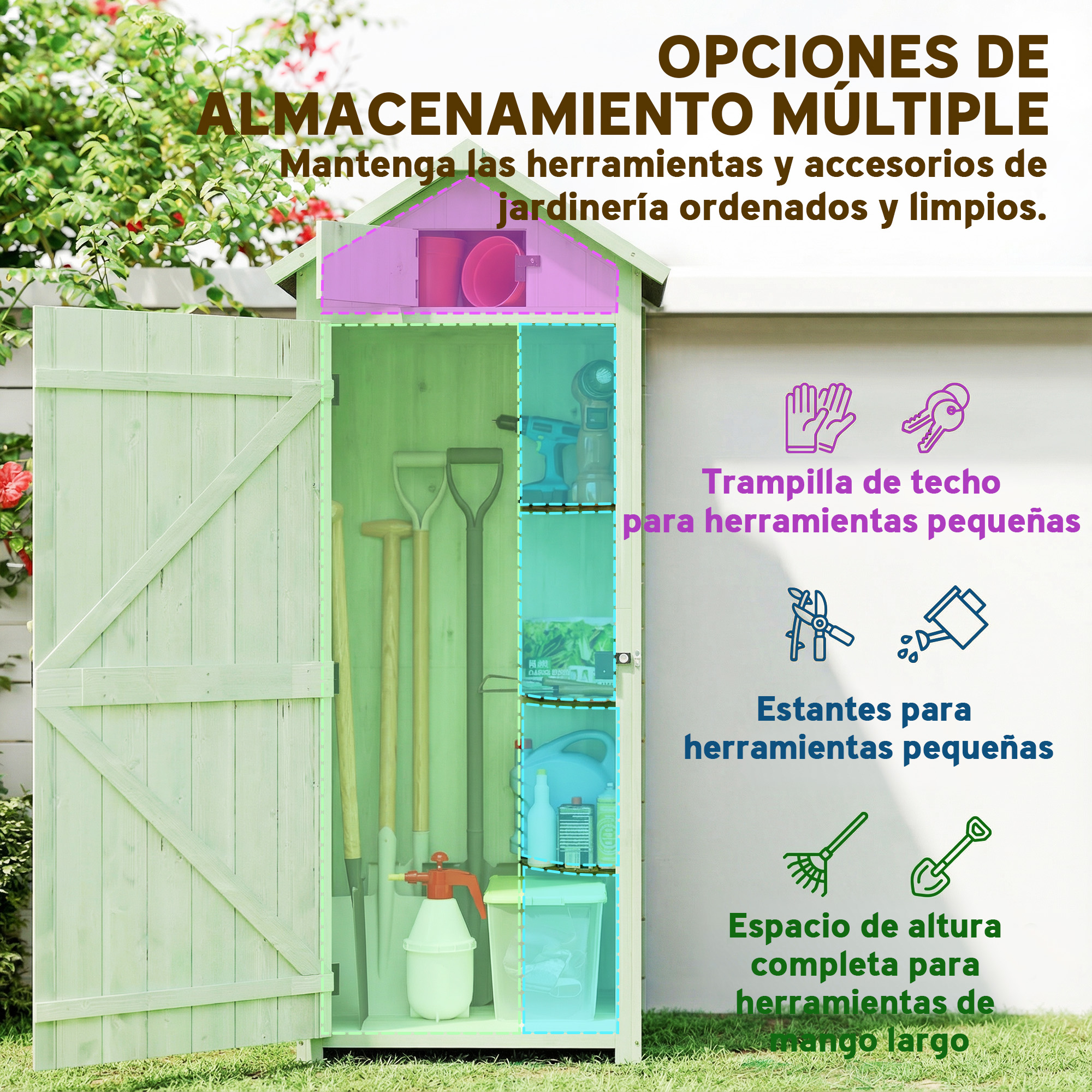 Un cobertizo de jardín abierto que muestra herramientas y soluciones de almacenamiento.