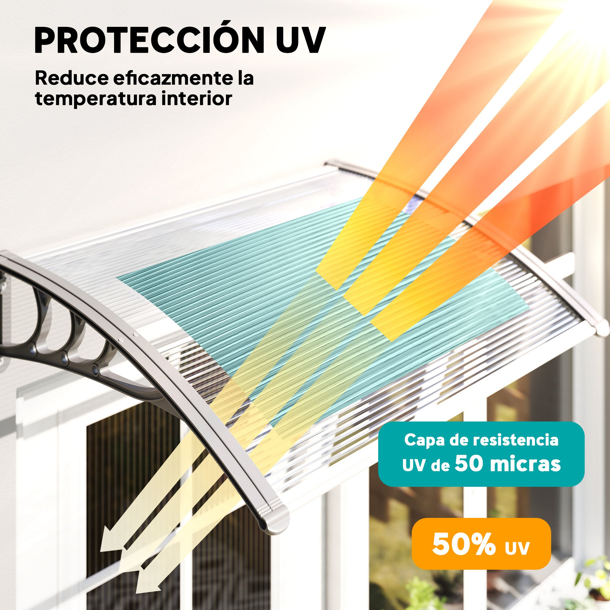 Toldo con protección UV, reduce la temperatura interior. Rayos naranjas reflejados.