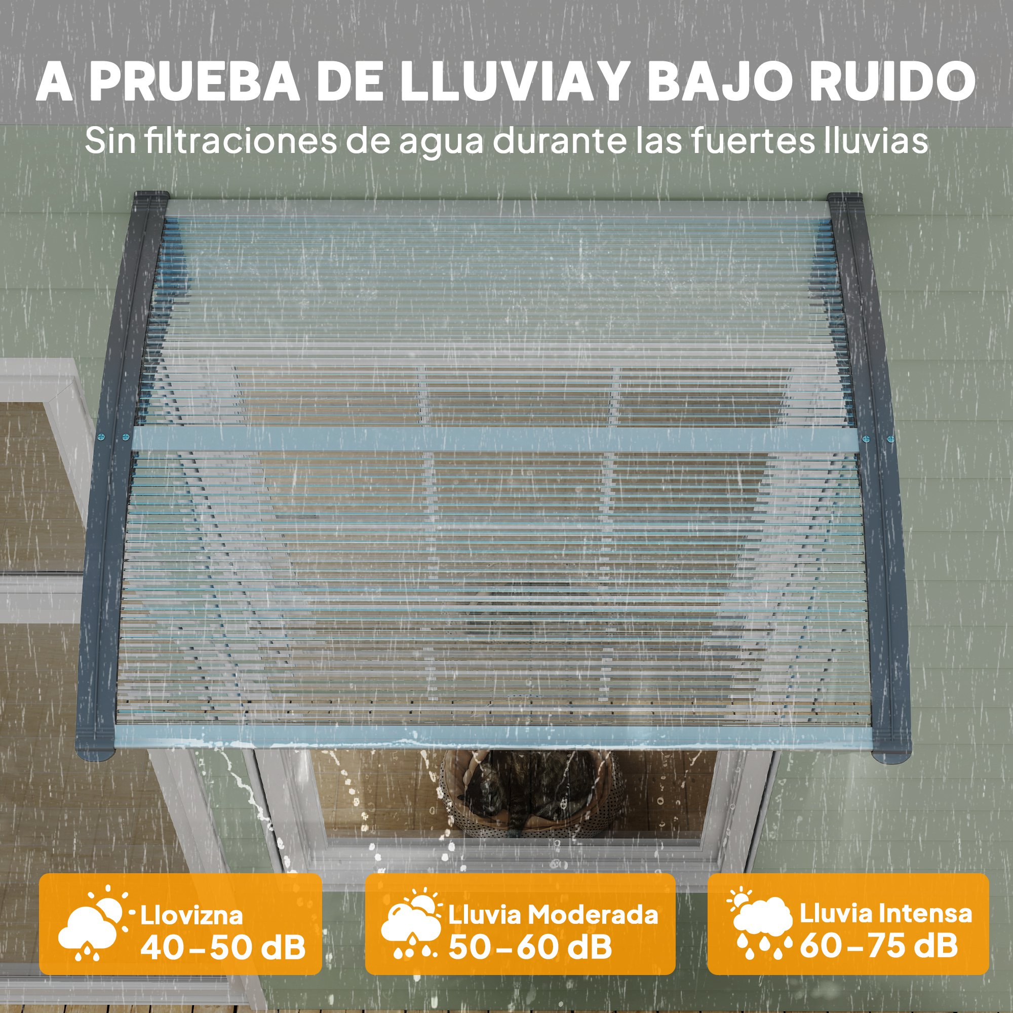 Un toldo transparente a prueba de lluvia y ruido, con niveles para lluvia ligera, moderada e intensa.