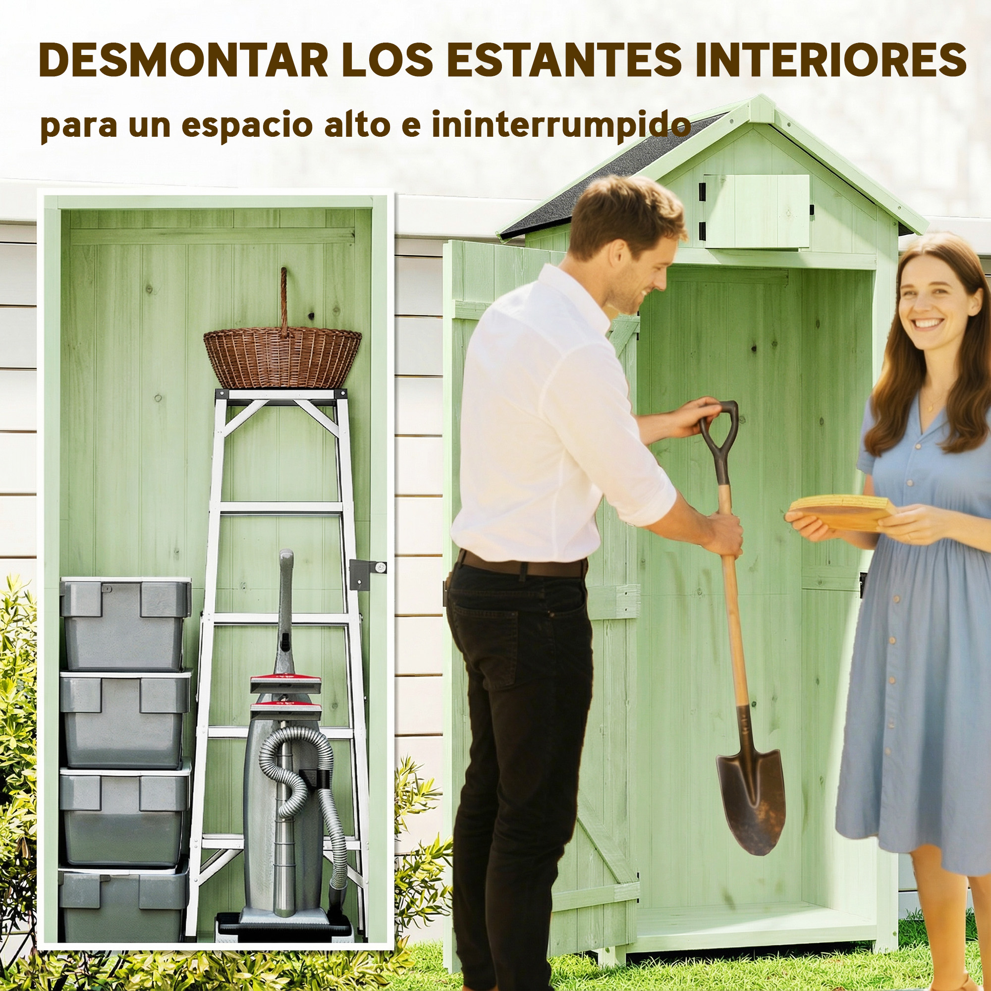 Hombre y mujer frente a cobertizo verde. Interior: escalera, aspiradora, cubos.