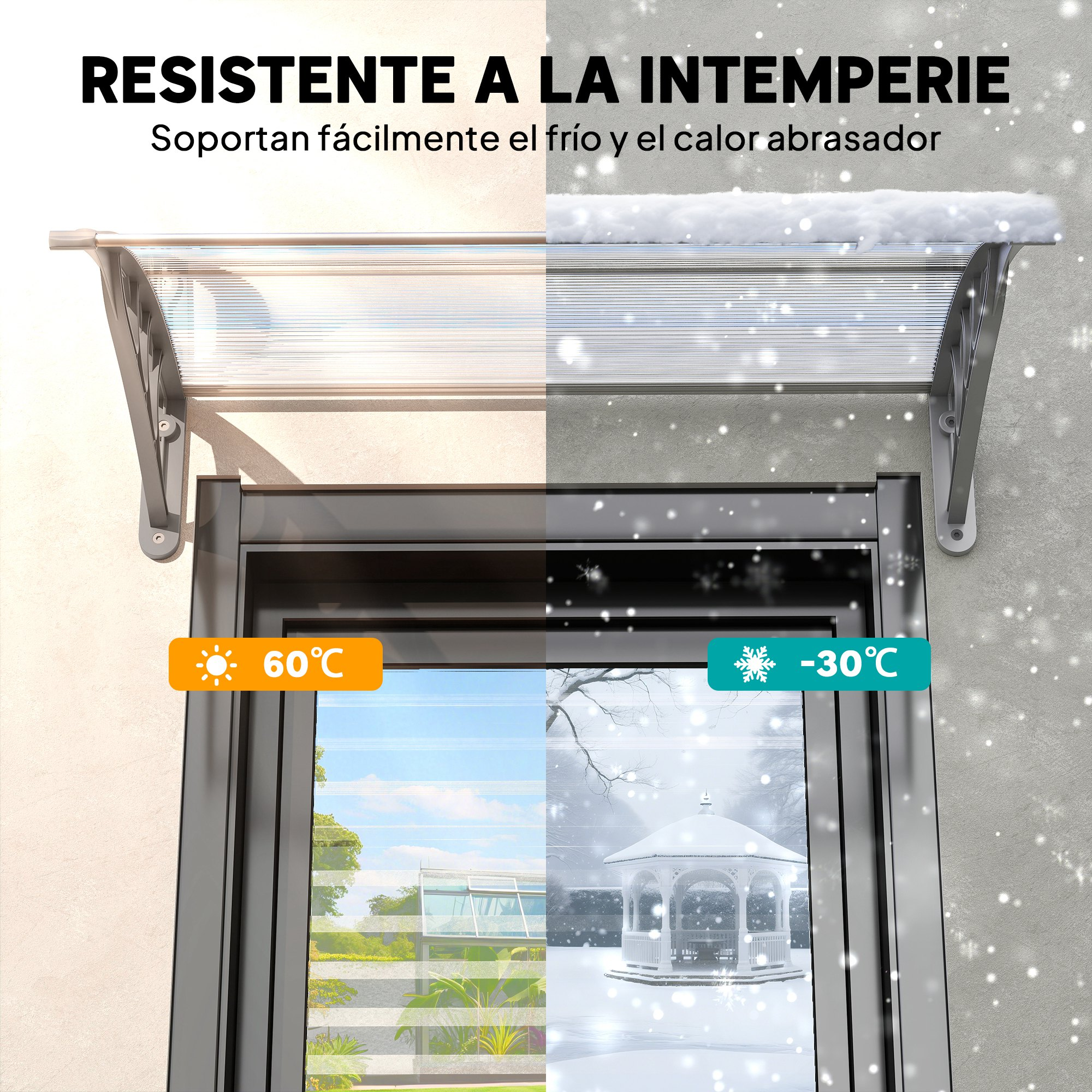 Toldo resiste de -30°C a 60°C. Muestra escenas de verano e invierno.