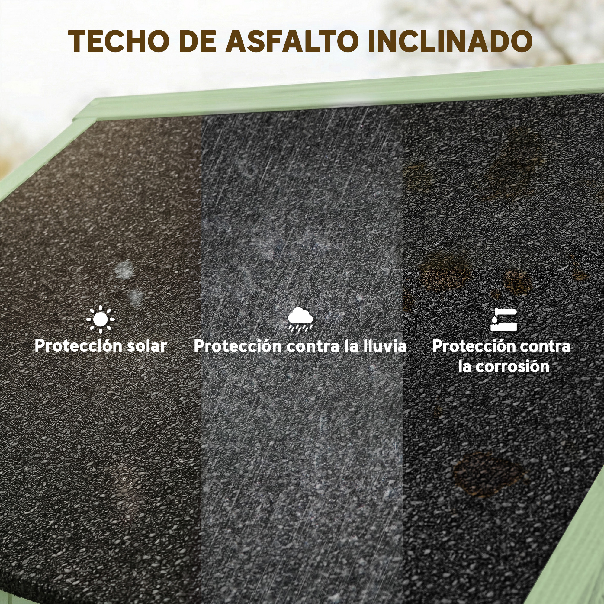 Techo inclinado de asfalto negro con iconos de protección solar, lluvia y corrosión.
