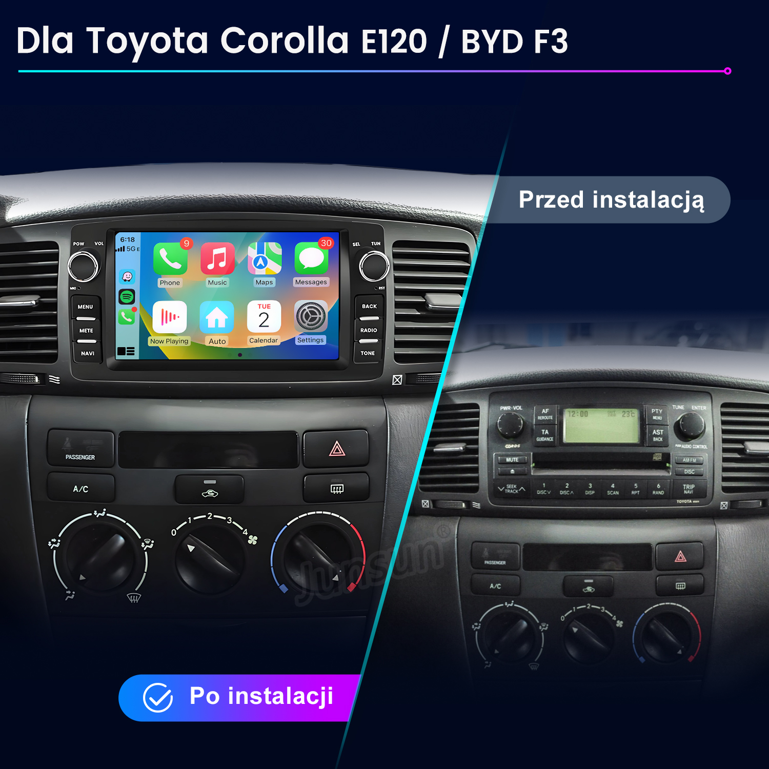 Porównanie dwóch radioodtwarzaczy samochodowych: jeden z integracją smartfona, drugi bez.