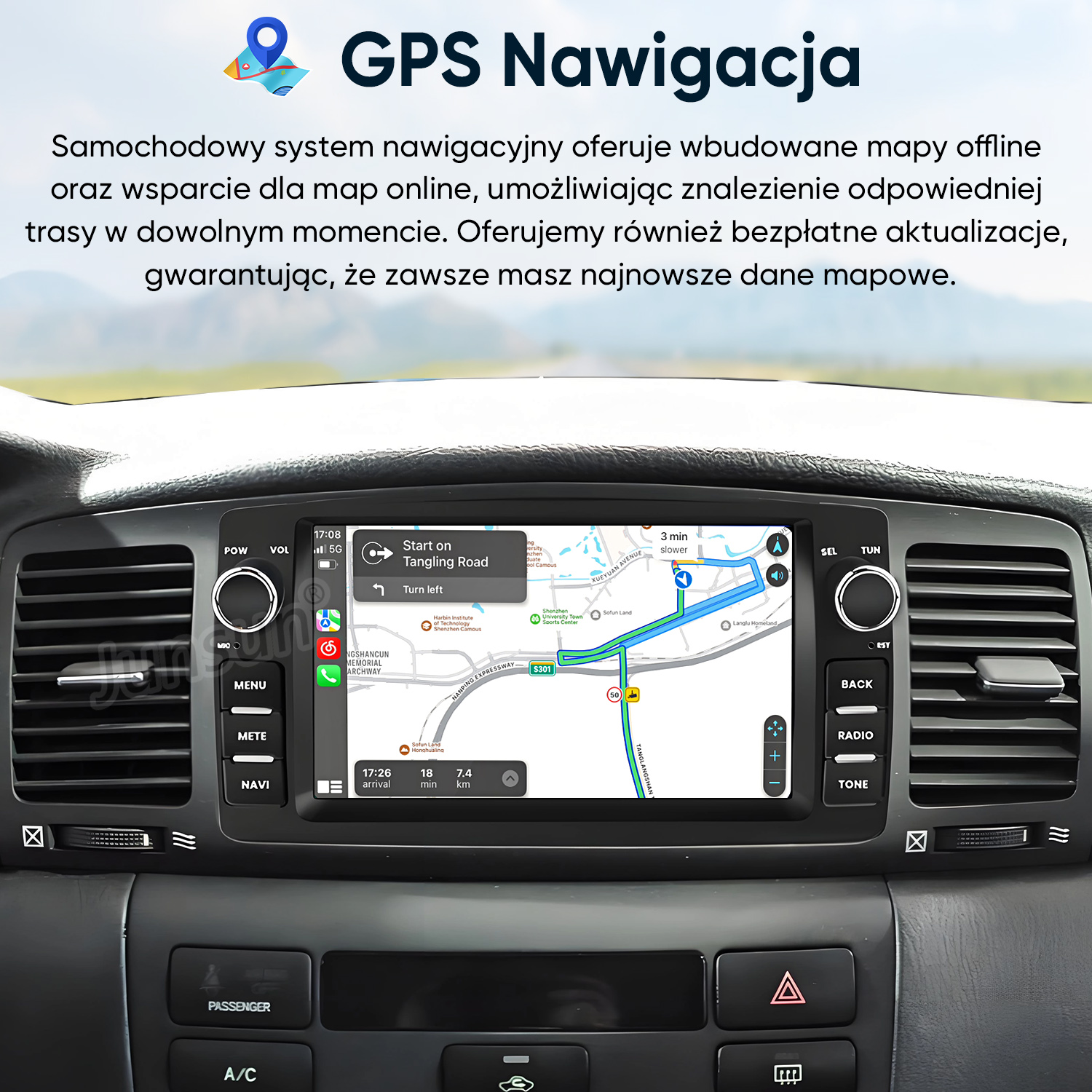 Deska rozdzielcza samochodu z ekranem nawigacji GPS pokazującym mapę z trasą.