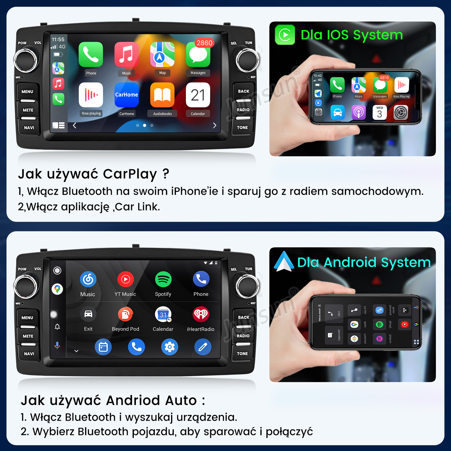 Obraz przedstawia samochodowe systemy informacyjno-rozrywkowe z interfejsami iOS i Android.