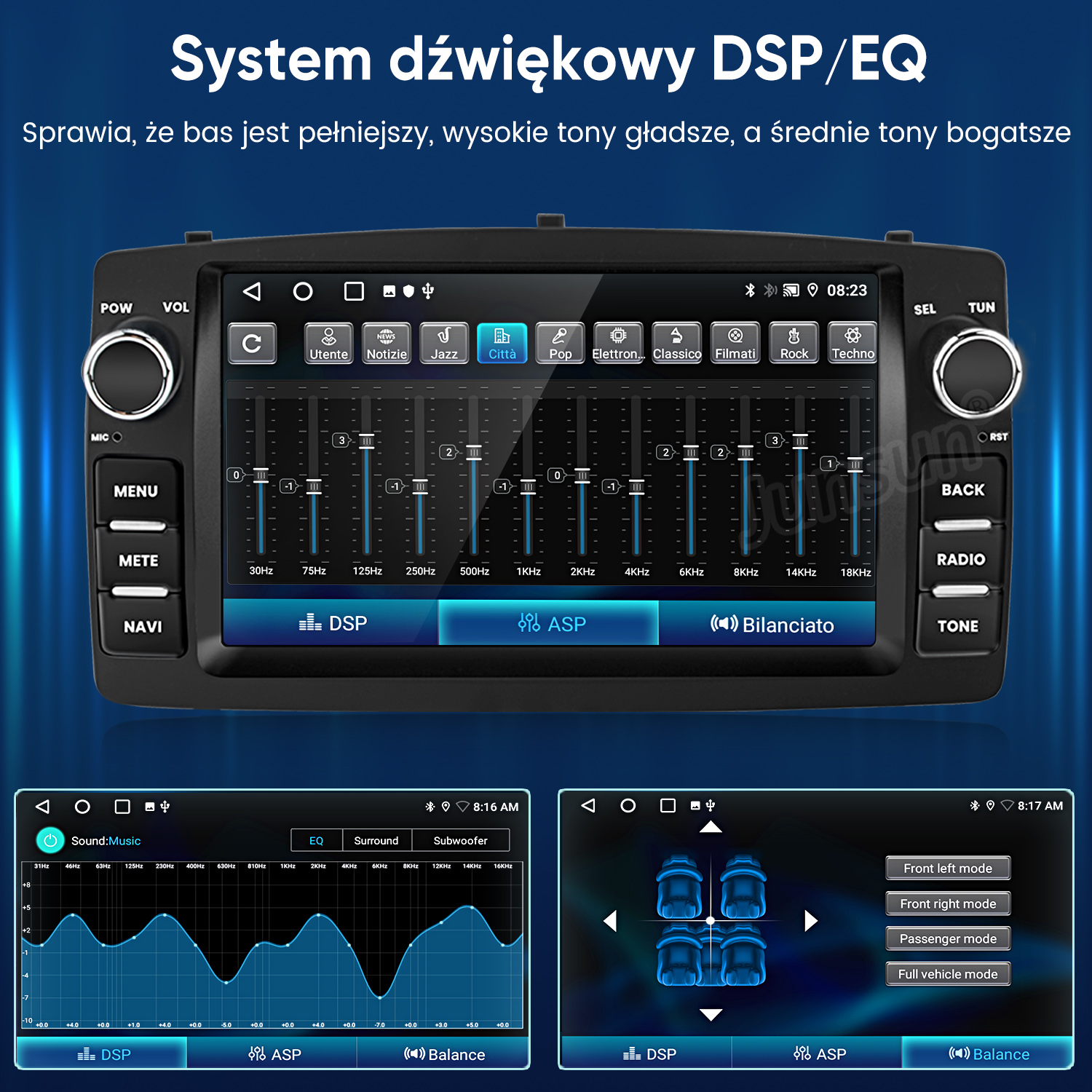 Wyświetlacz radia samochodowego pokazuje ustawienia DSP/EQ z paskami korektora i opcjami.
