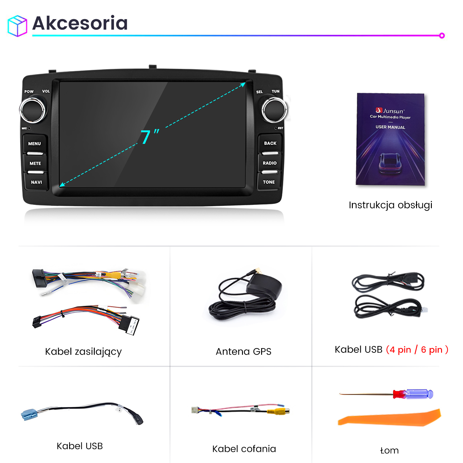 Wyświetlacz autoradia 7 cali z elementami sterującymi, kablami, anteną GPS i narzędziami.