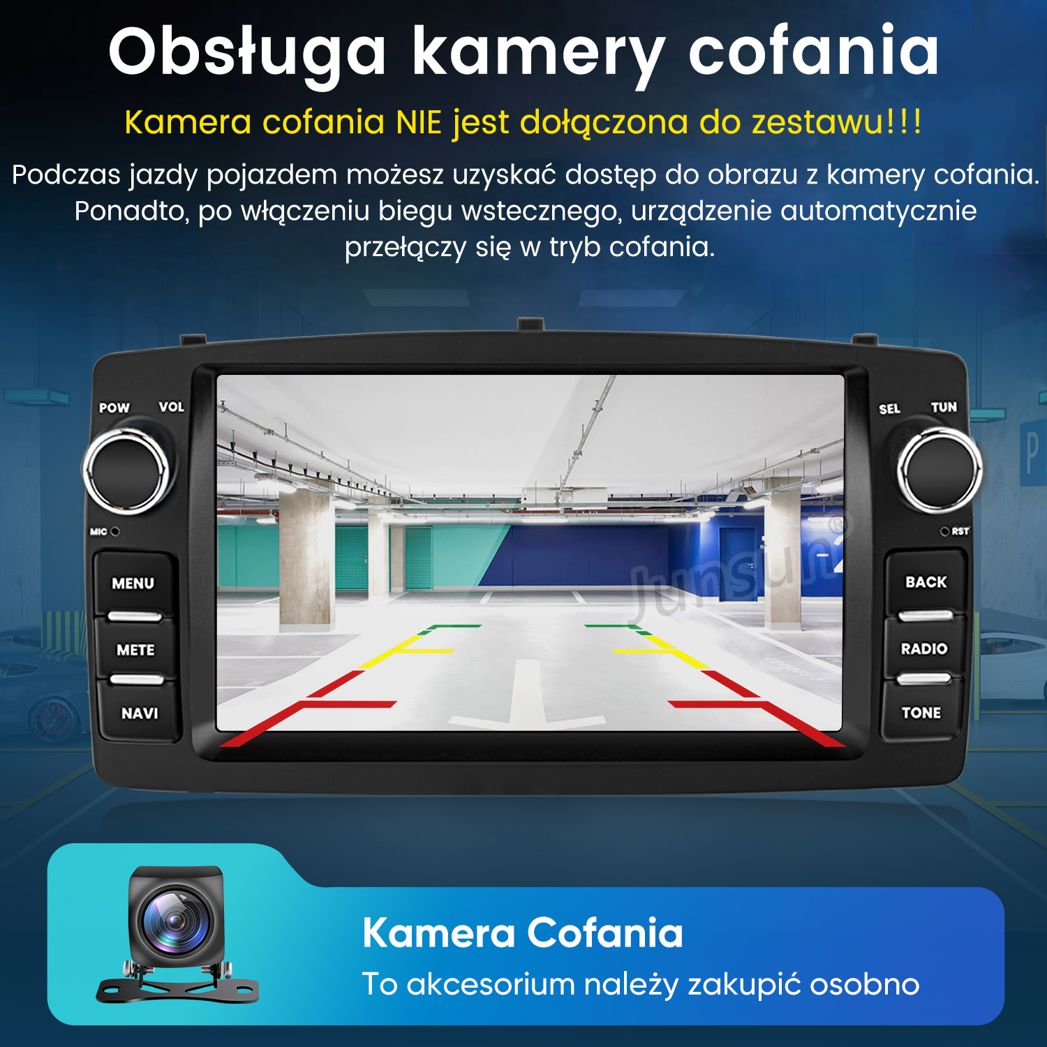 Radio samochodowe wyświetla widok parkingu z kamery cofania.