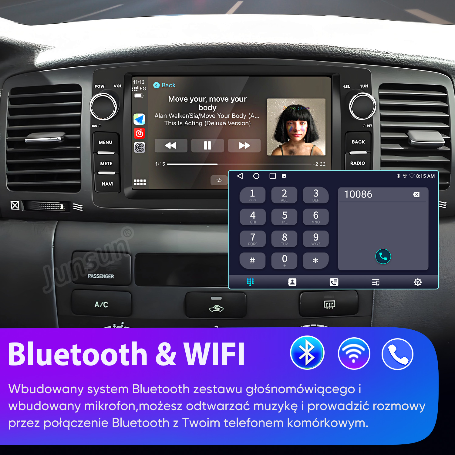 Samochodowy system infotainment wyświetlający odtwarzanie muzyki i klawiaturę telefonu.