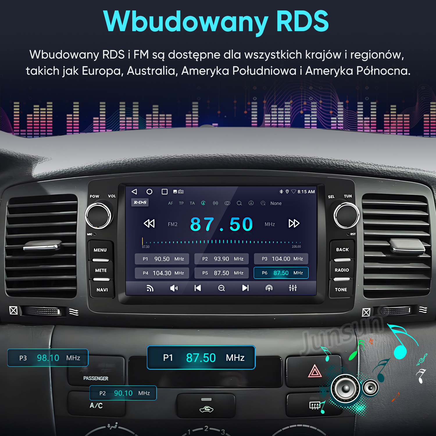 Deska rozdzielcza samochodu z ekranem multimedialnym wyświetlającym stacje radiowe.