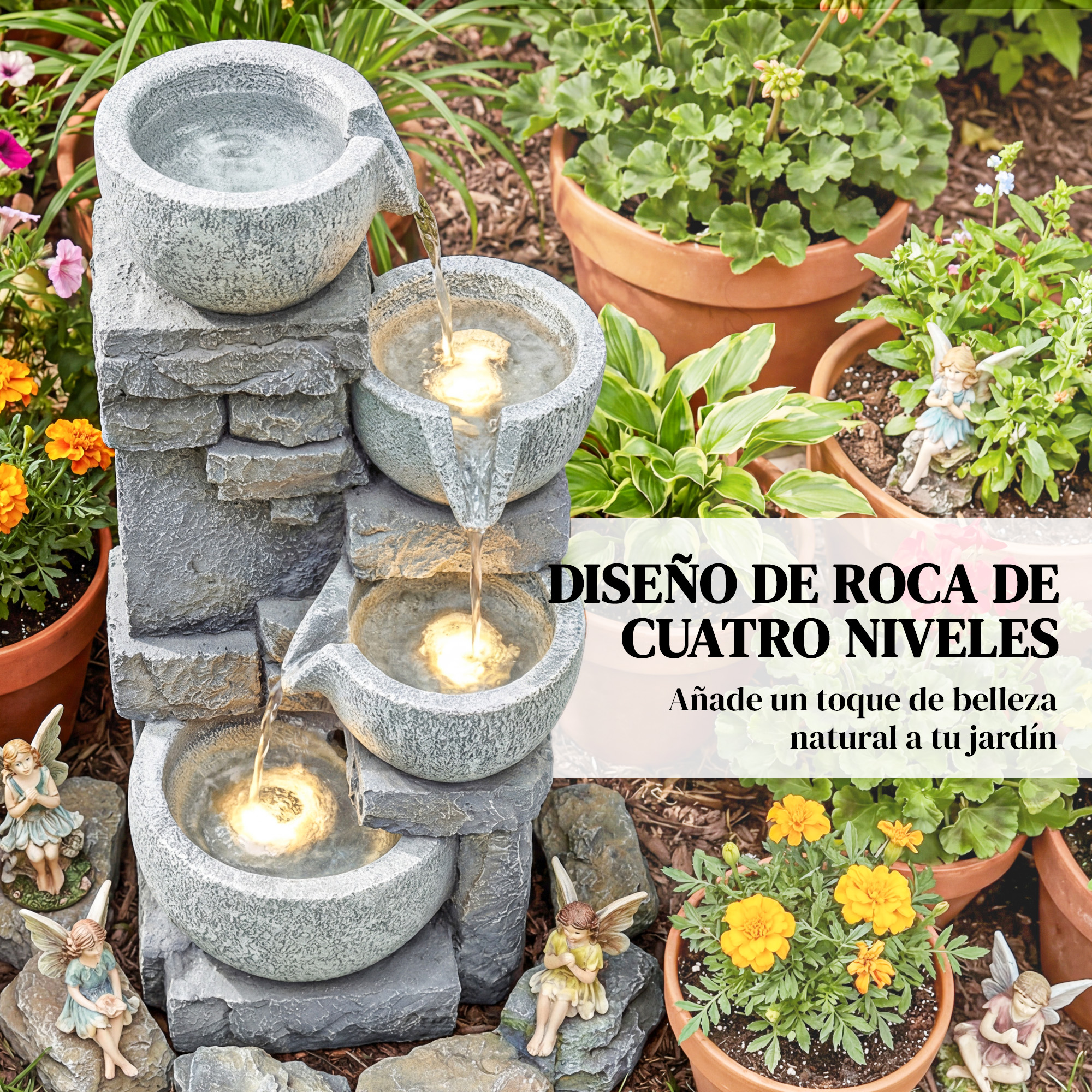 Fuente de piedra de cuatro niveles con flores y figuras de hadas.