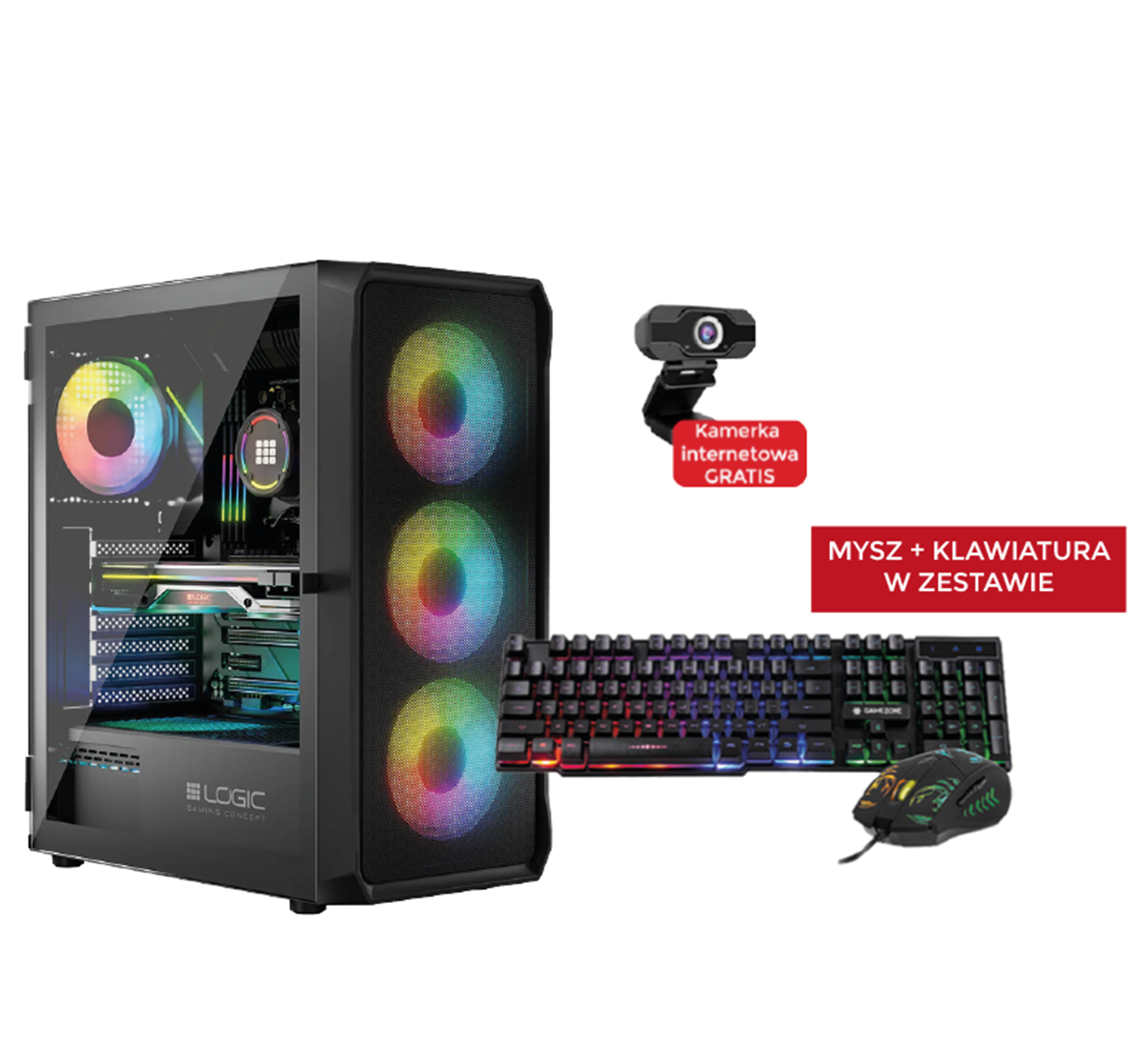Komputer gamingowy z wentylatorami RGB, klawiaturą, myszą i kamerą na białym tle.