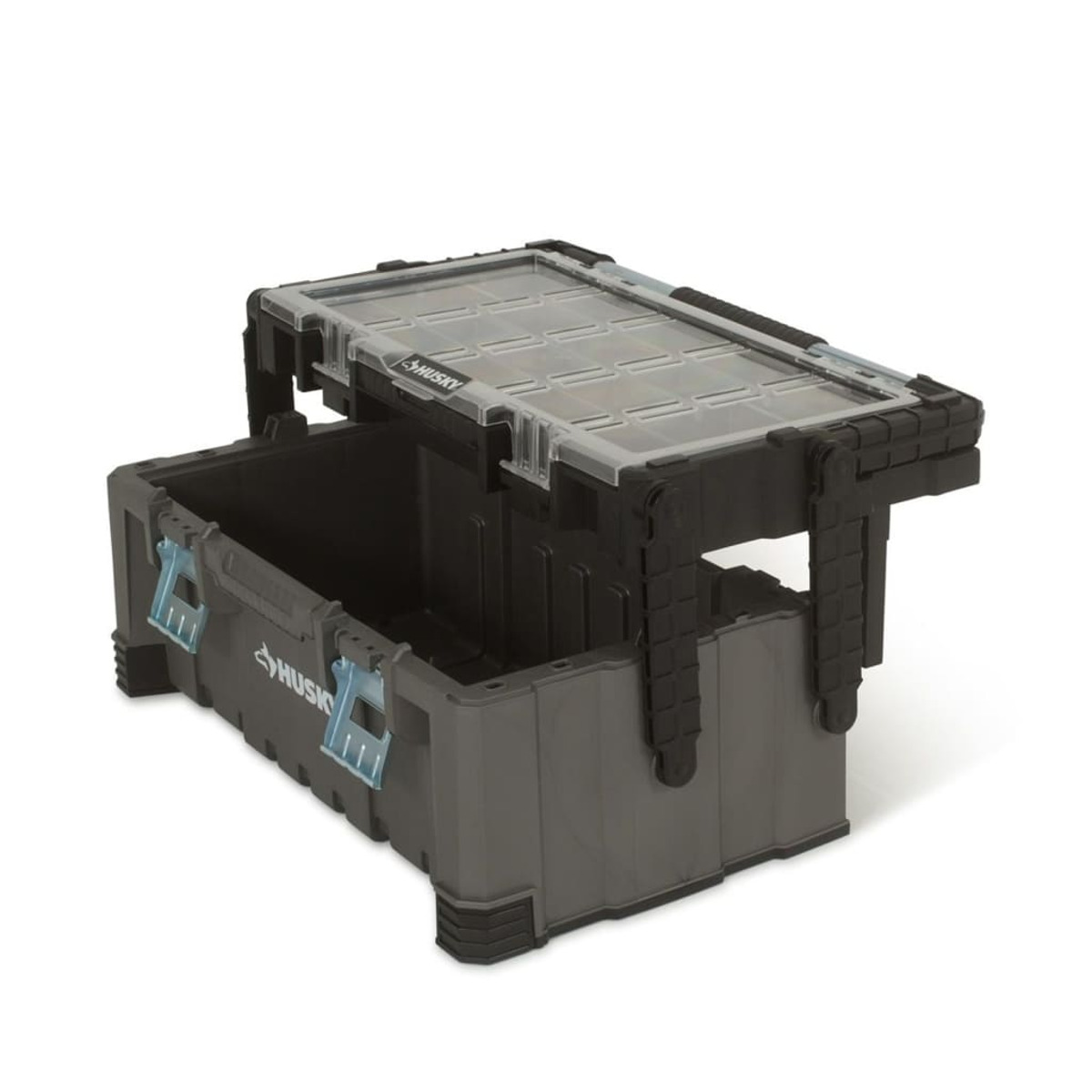 Cassetta degli attrezzi grigia con coperchio trasparente e scomparti.