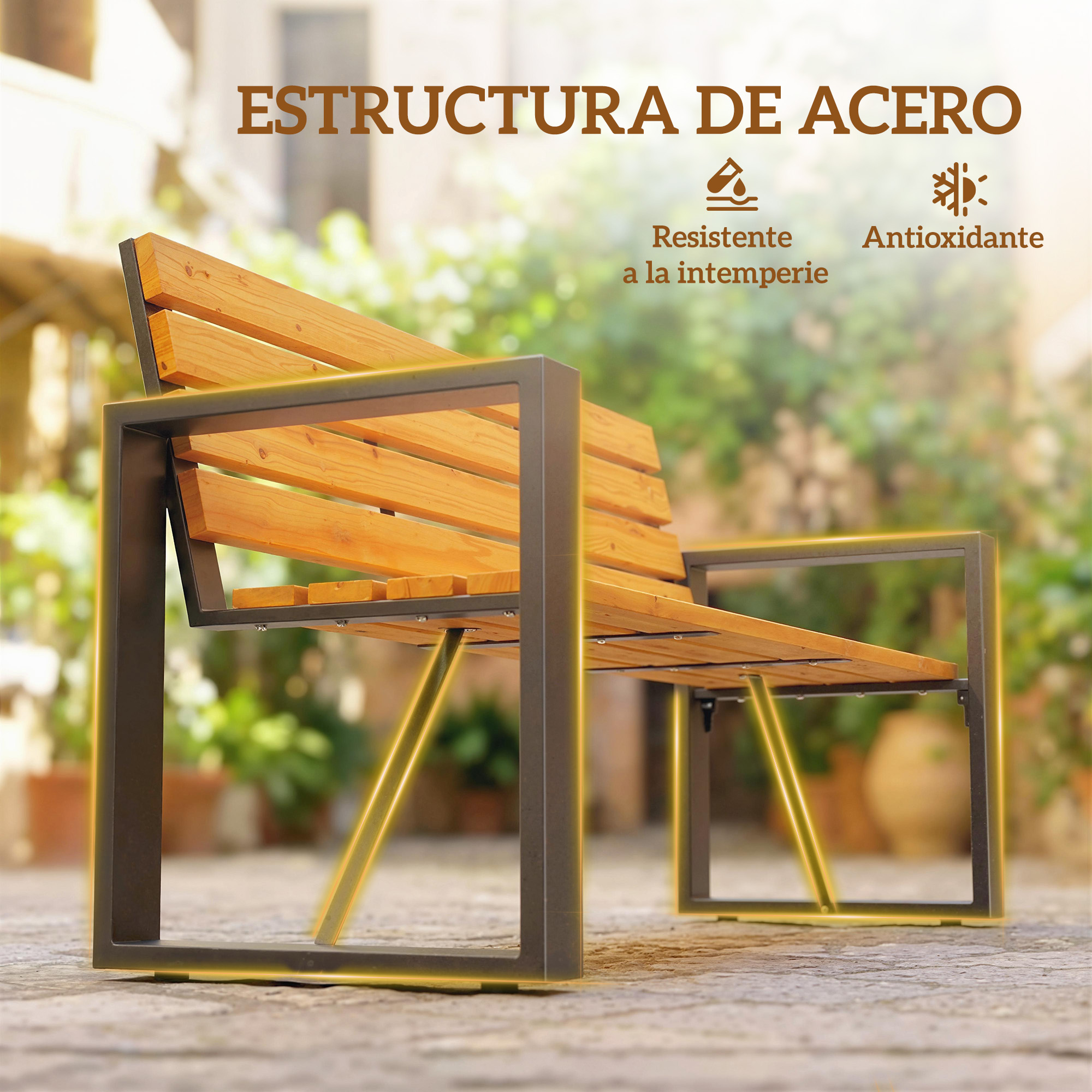 Un banco de madera con marco de metal oscuro al aire libre.