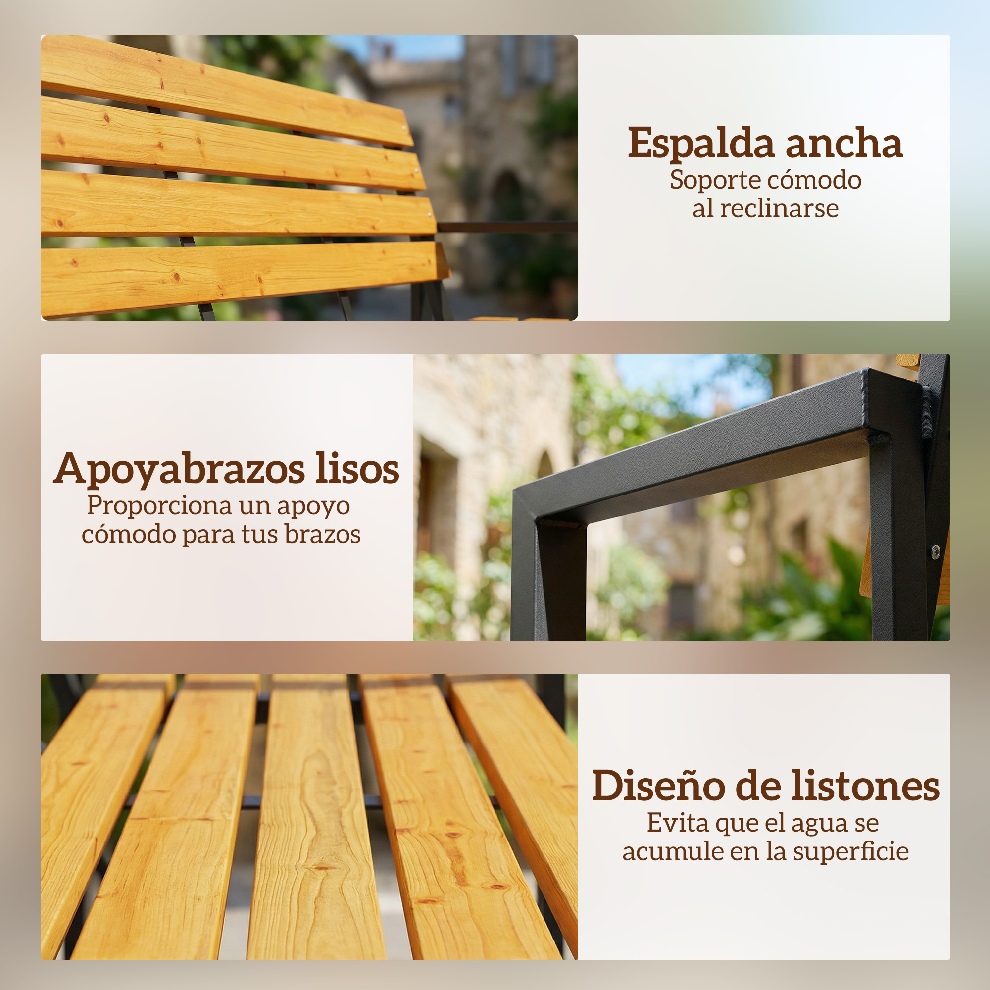 Banco de madera con respaldo ancho, reposabrazos lisos y diseño de listones.