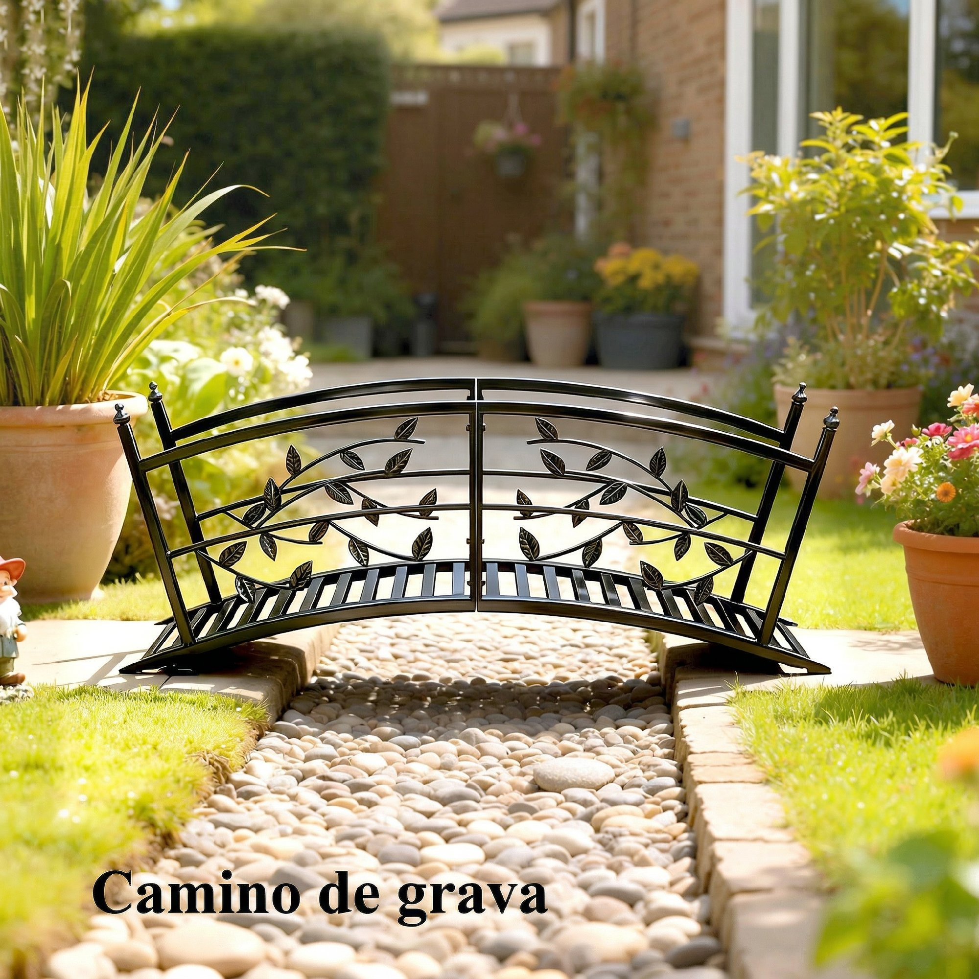 Puente de jardín negro con motivo de hojas sobre un camino de guijarros con césped y plantas.