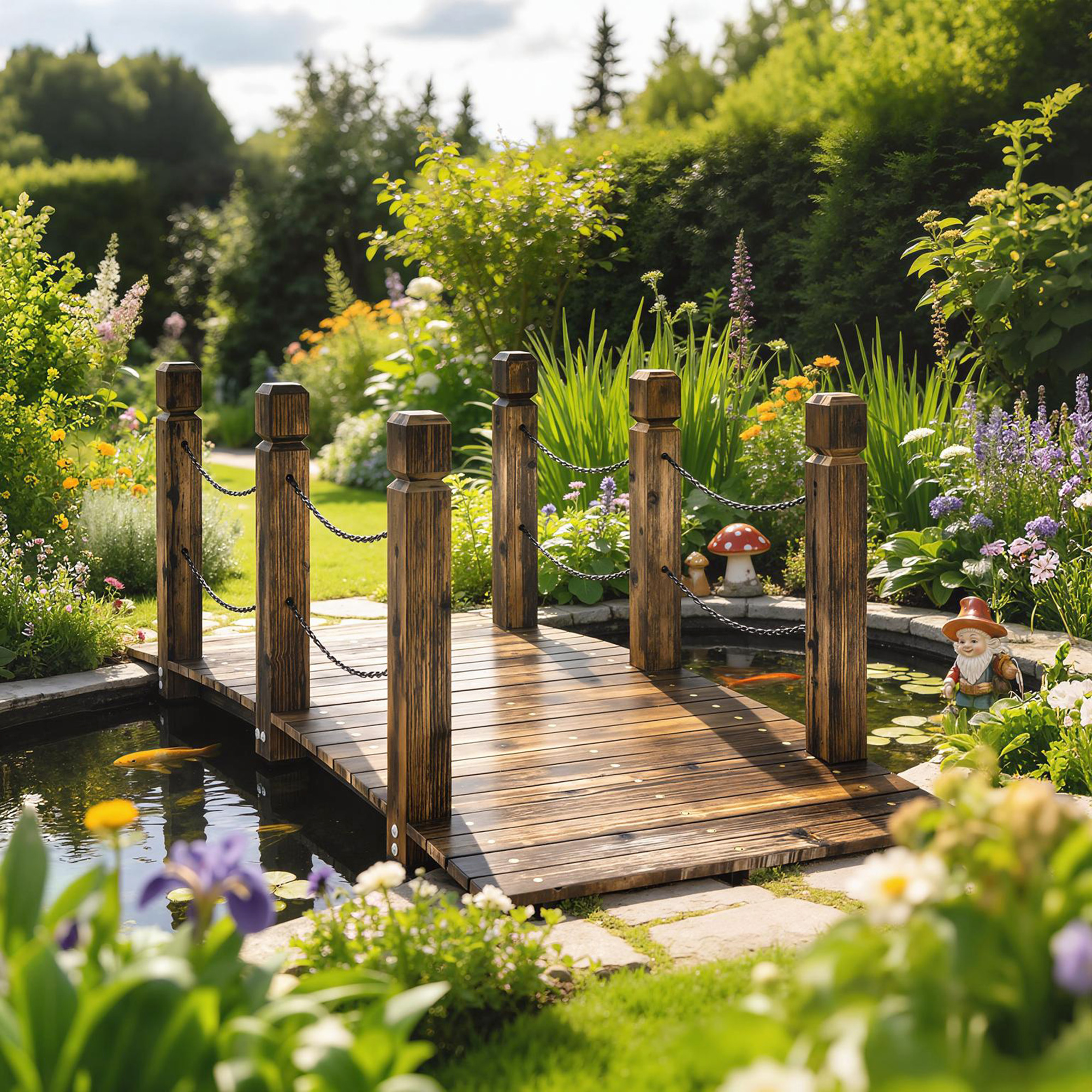 Un puente de madera cruza un estanque con peces koi y flores en un jardín.