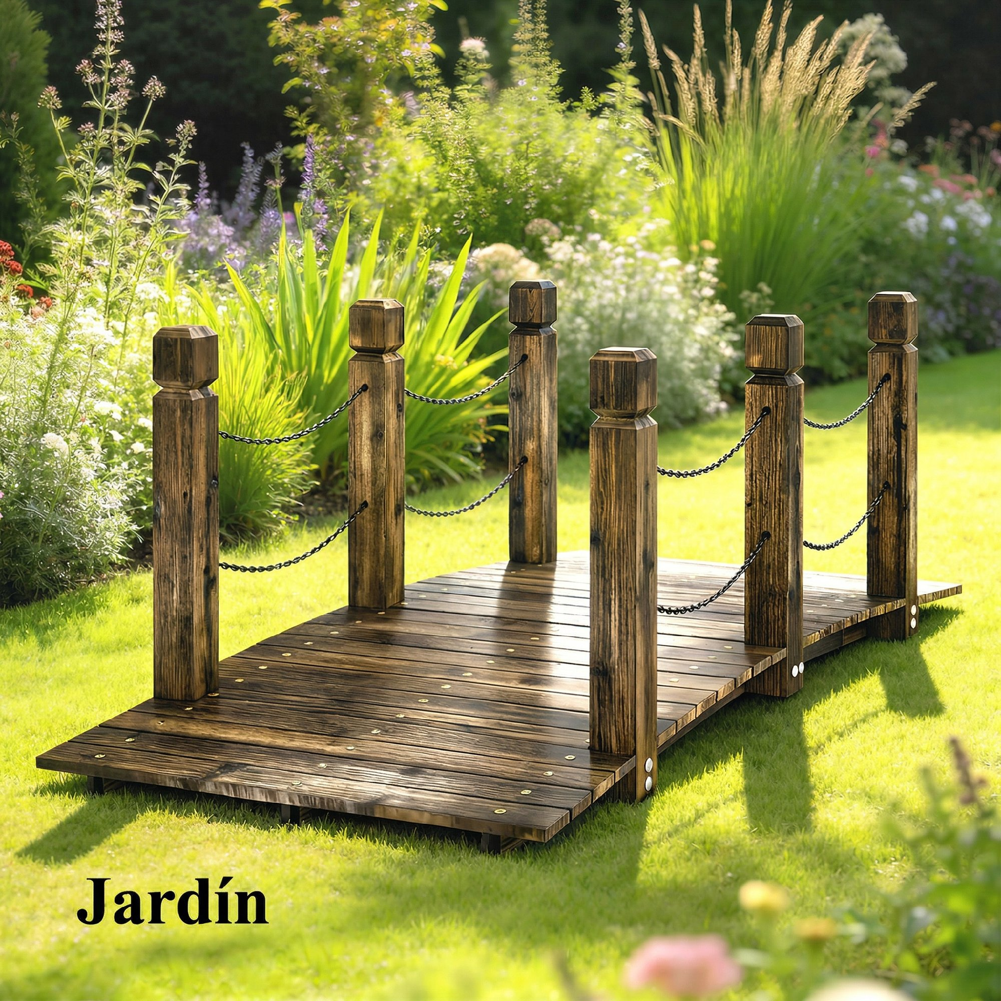 Un puente de jardín de madera con postes y cadenas, rodeado de vegetación.
