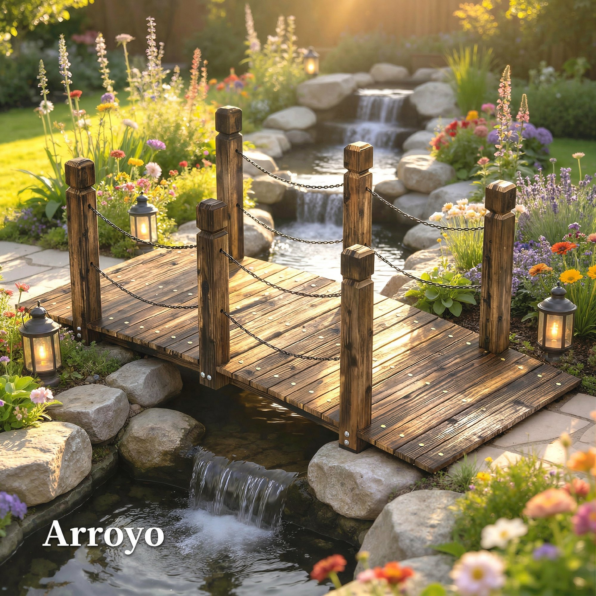 Un puente de madera sobre un arroyo con cascadas, rodeado de flores y faroles.