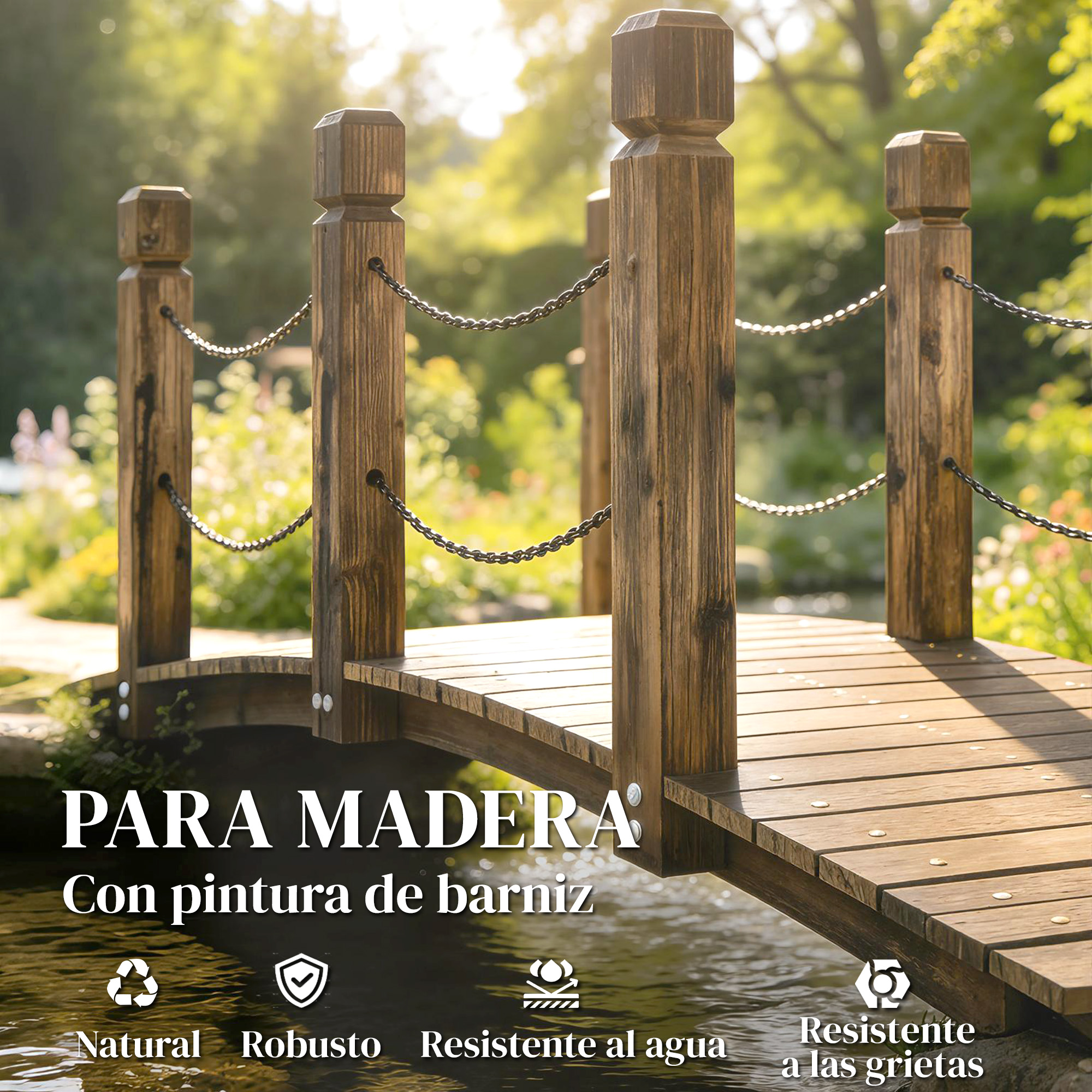 Un puente de madera con barandilla de cadena sobre un río, rodeado de vegetación.