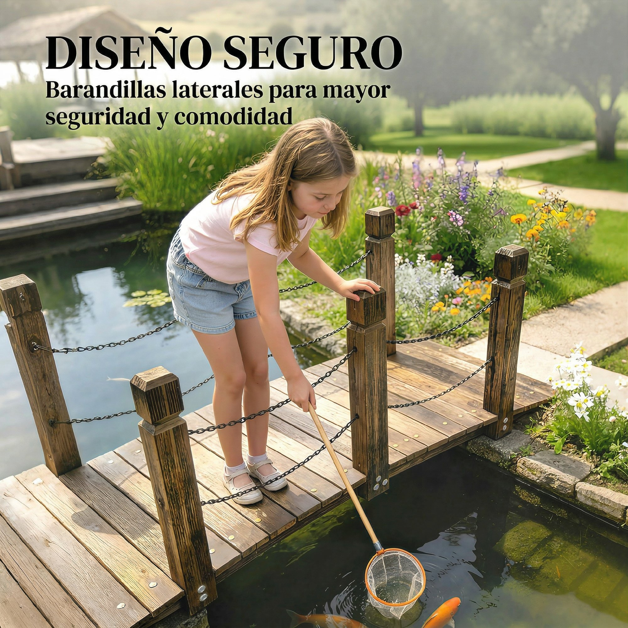 Una niña con una red en un puente de madera sobre un estanque con peces koi.