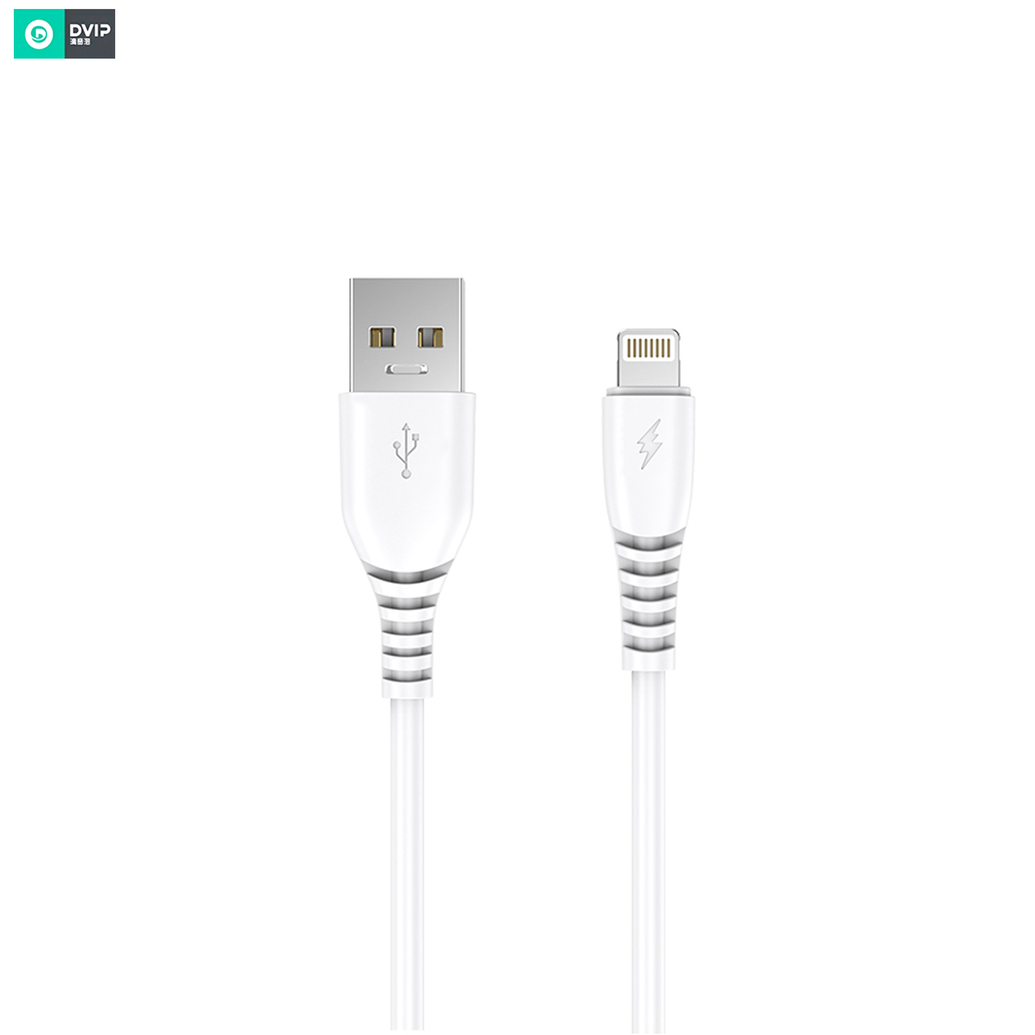 Kanallı vurgulara sahip beyaz USB - Lightning kablosu.