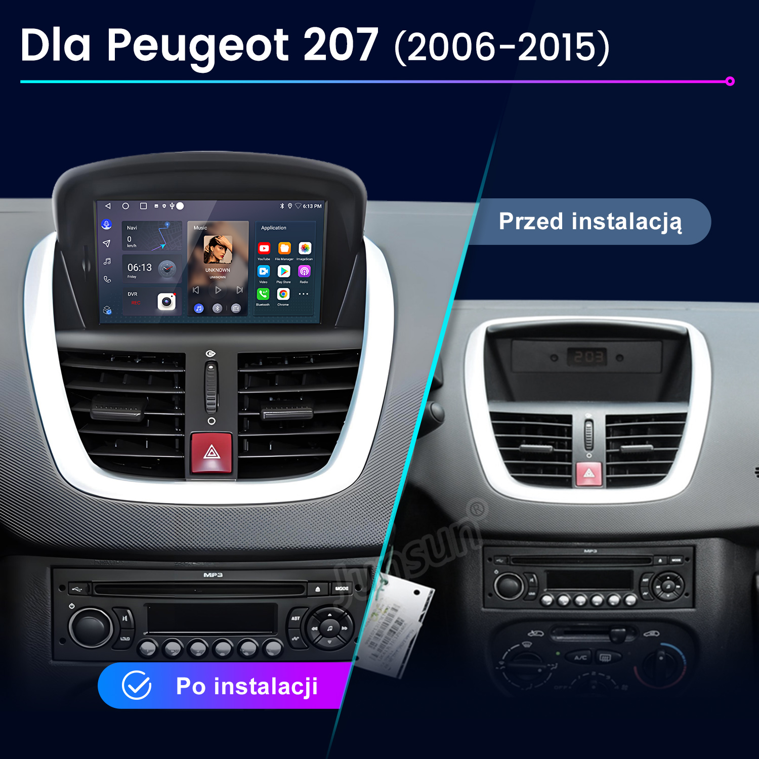 Porównanie przed/po radia samochodowego Peugeot 207. Lewo: nowy system infotainment. Prawo: stare radio.