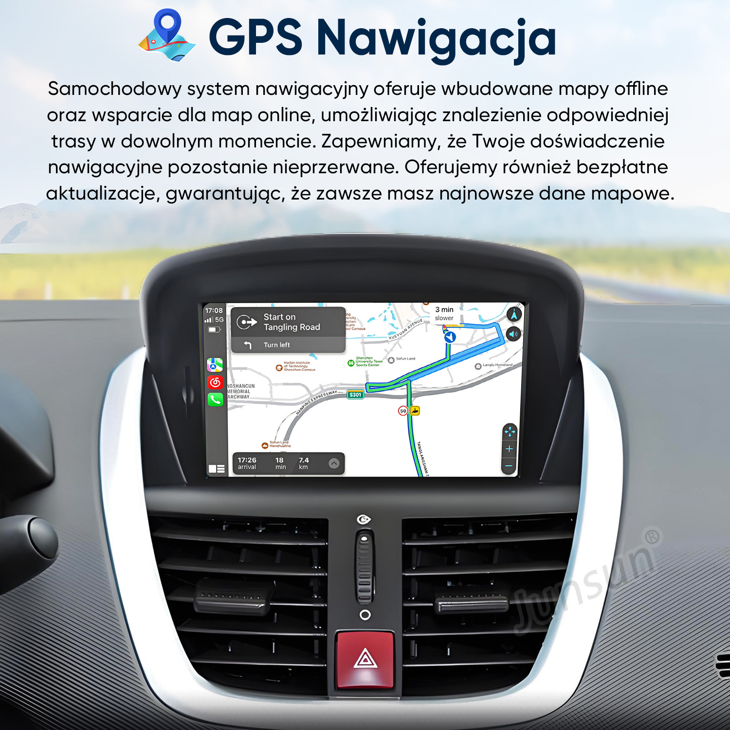 Samochodowy system nawigacji z mapami offline i wsparciem online.