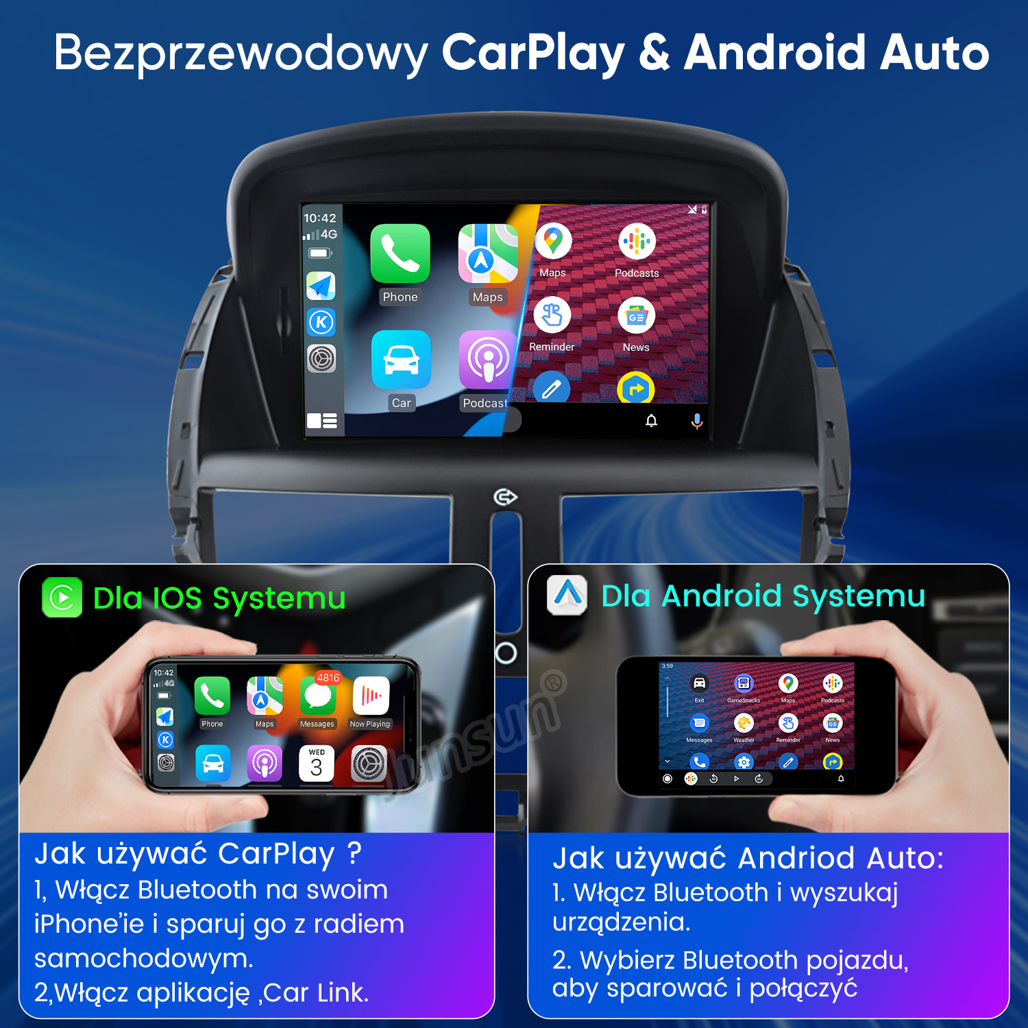 Ekran z CarPlay i Android Auto, iPhone i smartfonem Android.