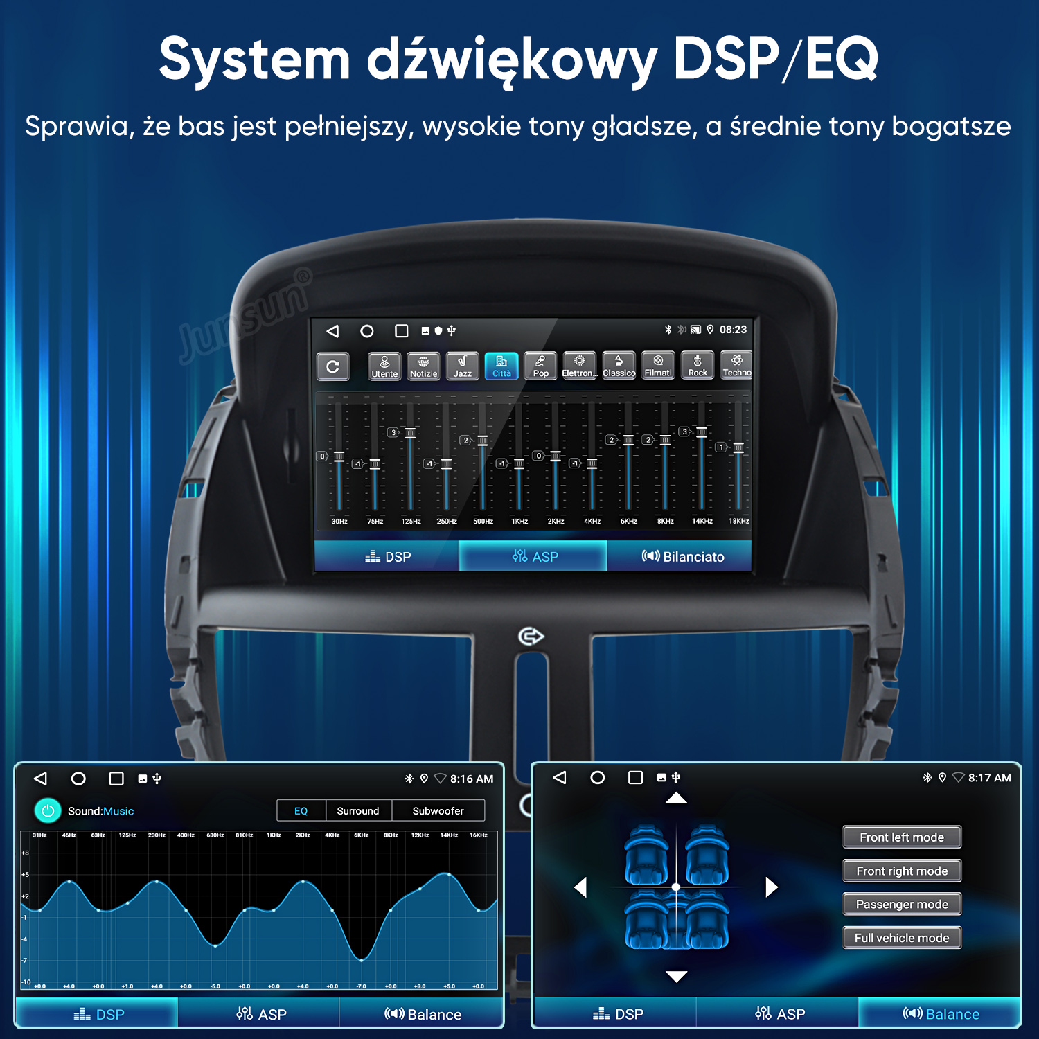 System infotainment samochodu wyświetlający DSP/EQ i ustawienia korektora.