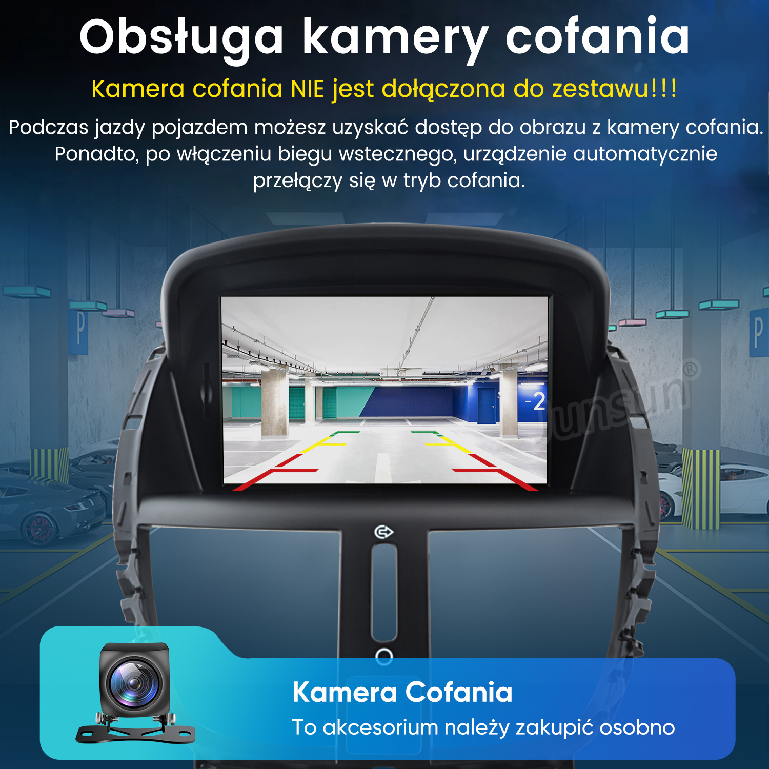 Ekran pokazuje widok parkingu z liniami kamery cofania.