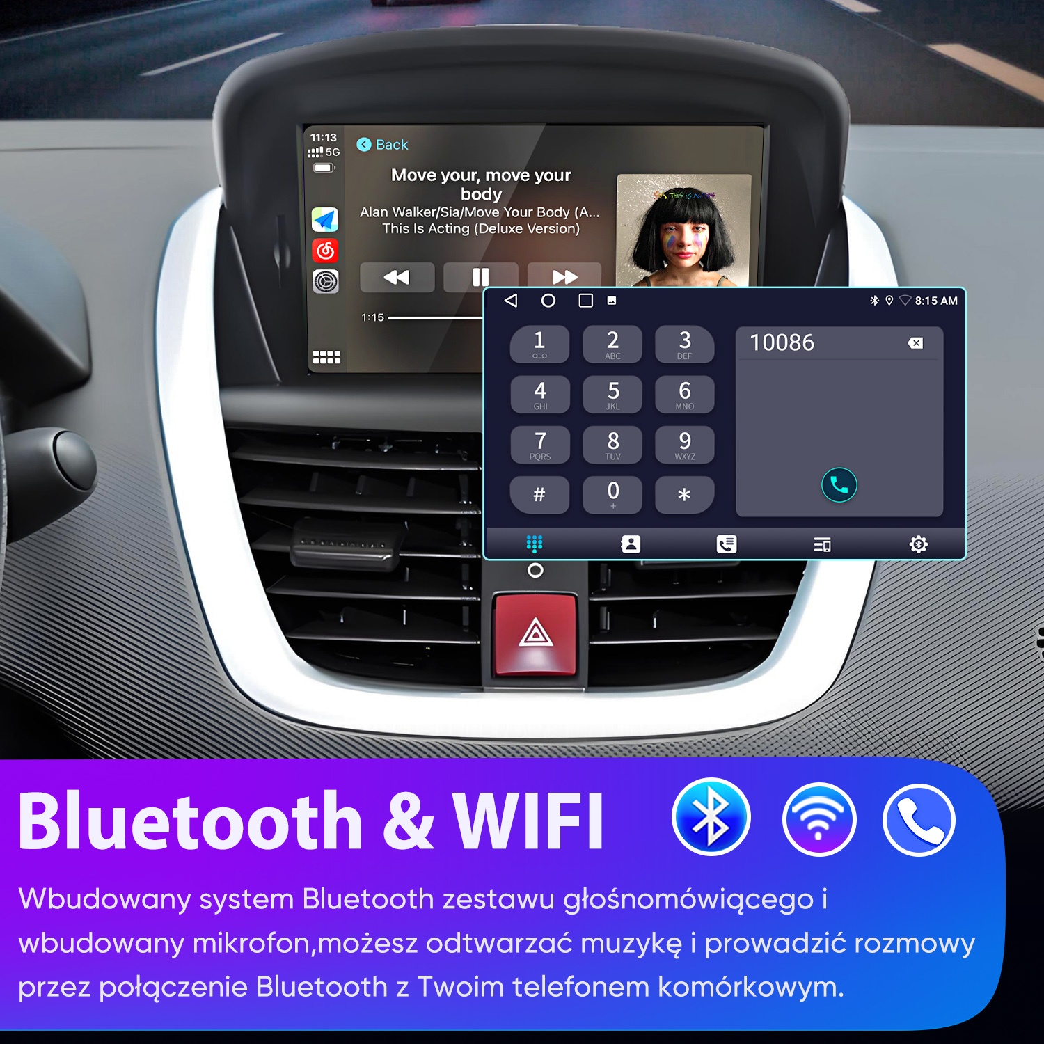Samochodowy system infotainment wyświetla muzykę i klawiaturę.