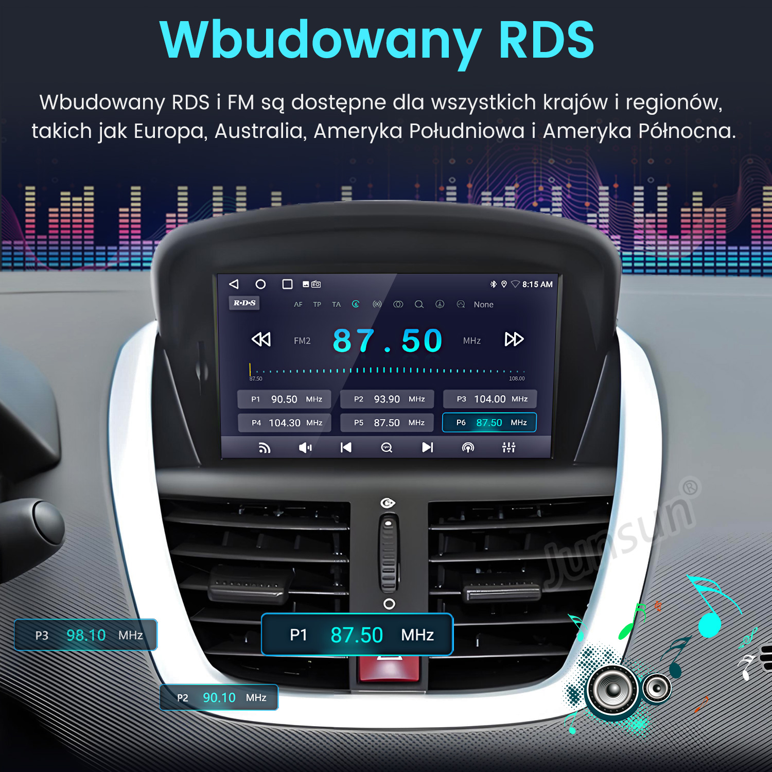 Ekran radia samochodowego wyświetla FM2 87.50 MHz i stacje zaprogramowane.