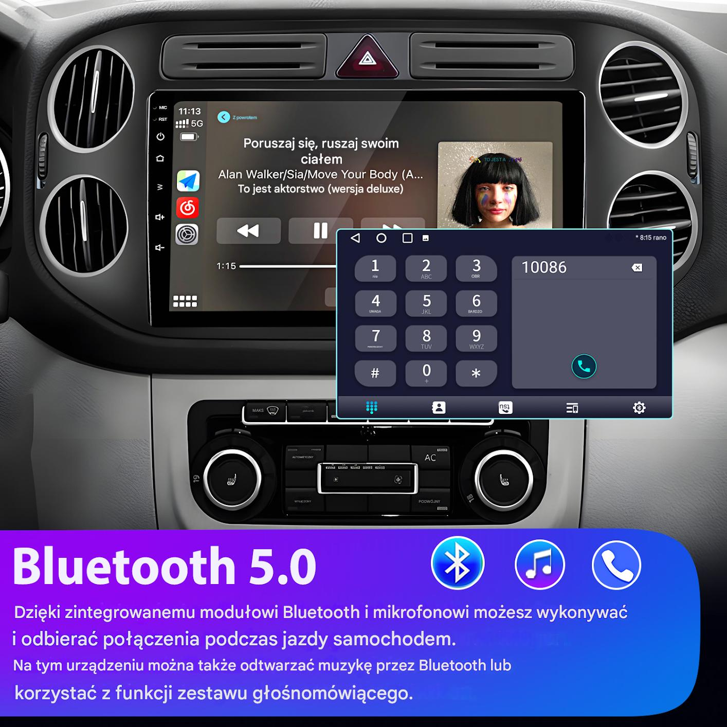 Ekran dotykowy systemu multimedialnego samochodu wyświetlający muzykę i telefon.