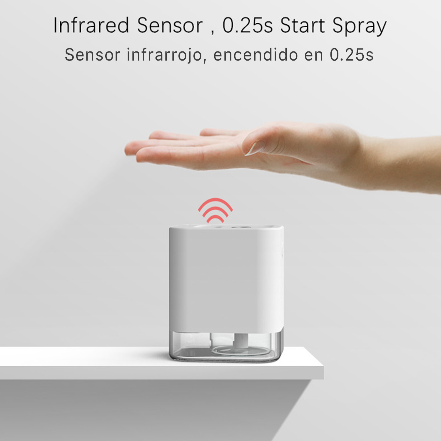 Una mano flota sobre un dispensador sensor blanco con señal roja.