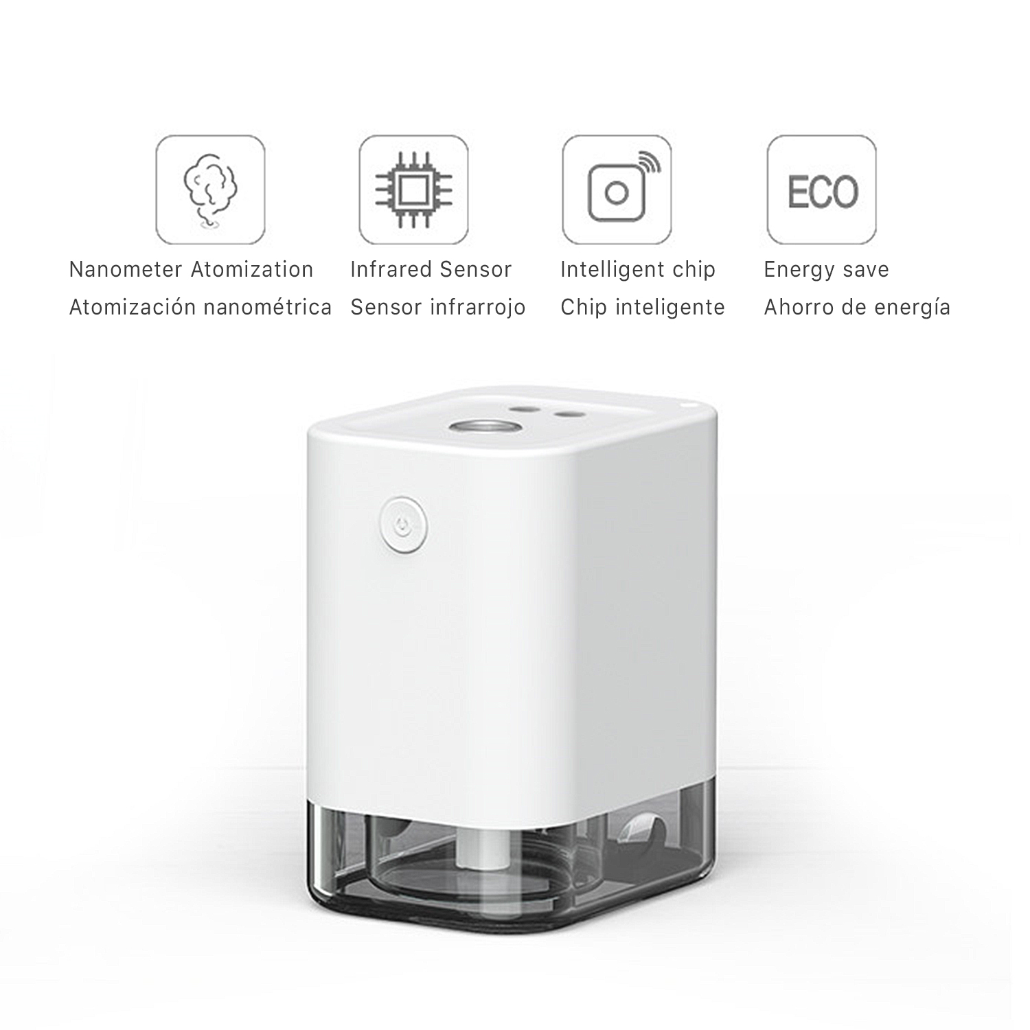 Un dispensador automático blanco con contenedor visible y sensores.