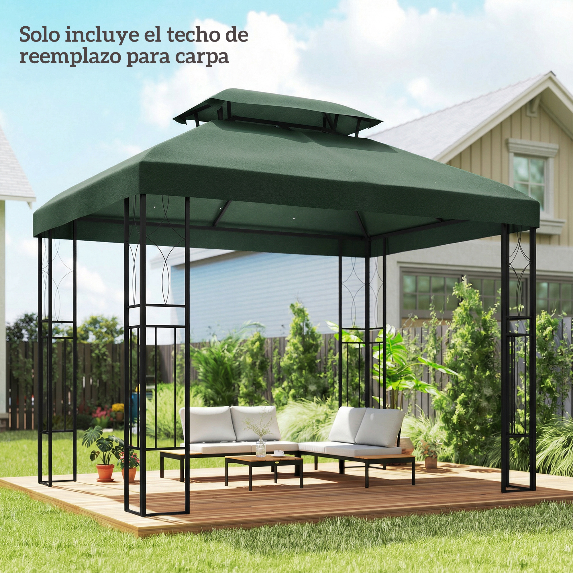 Techo de cenador verde con muebles en terraza de madera en jardín.