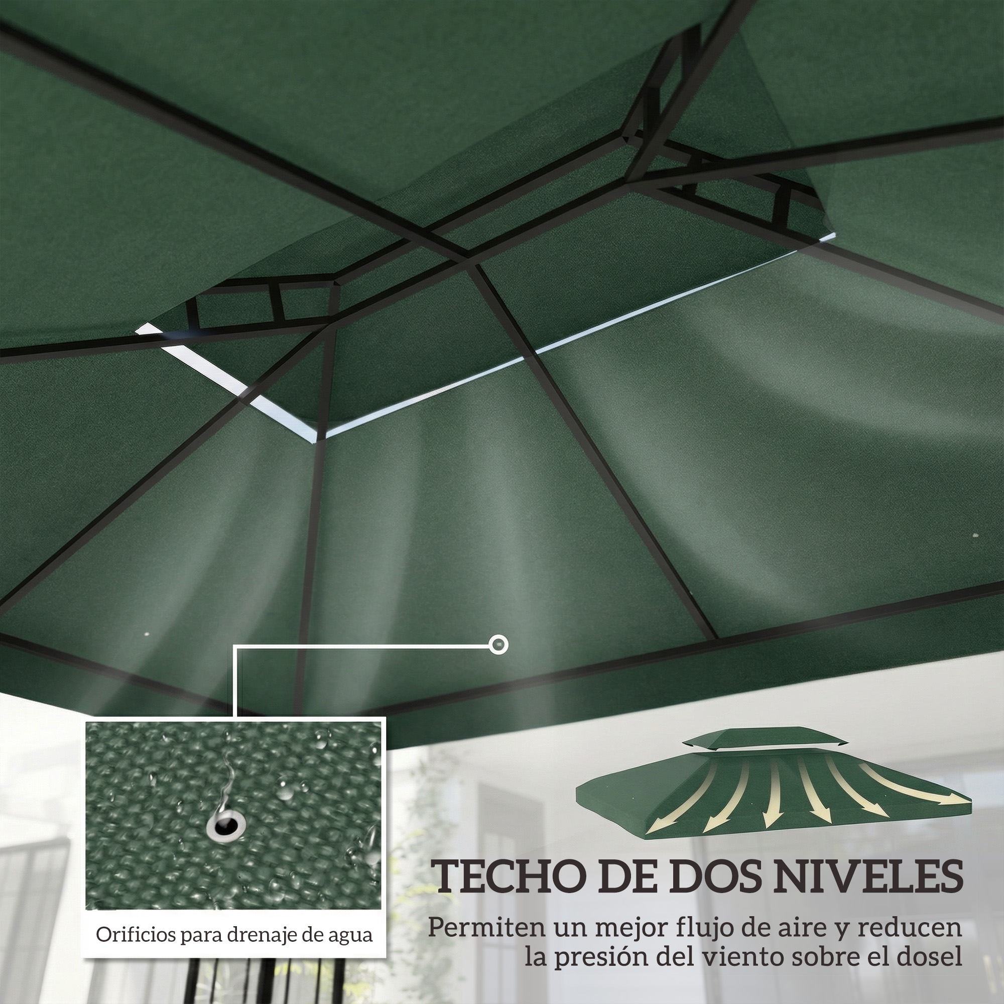 Techo de toldo verde oscuro con drenaje de agua y ventilación de dos niveles.