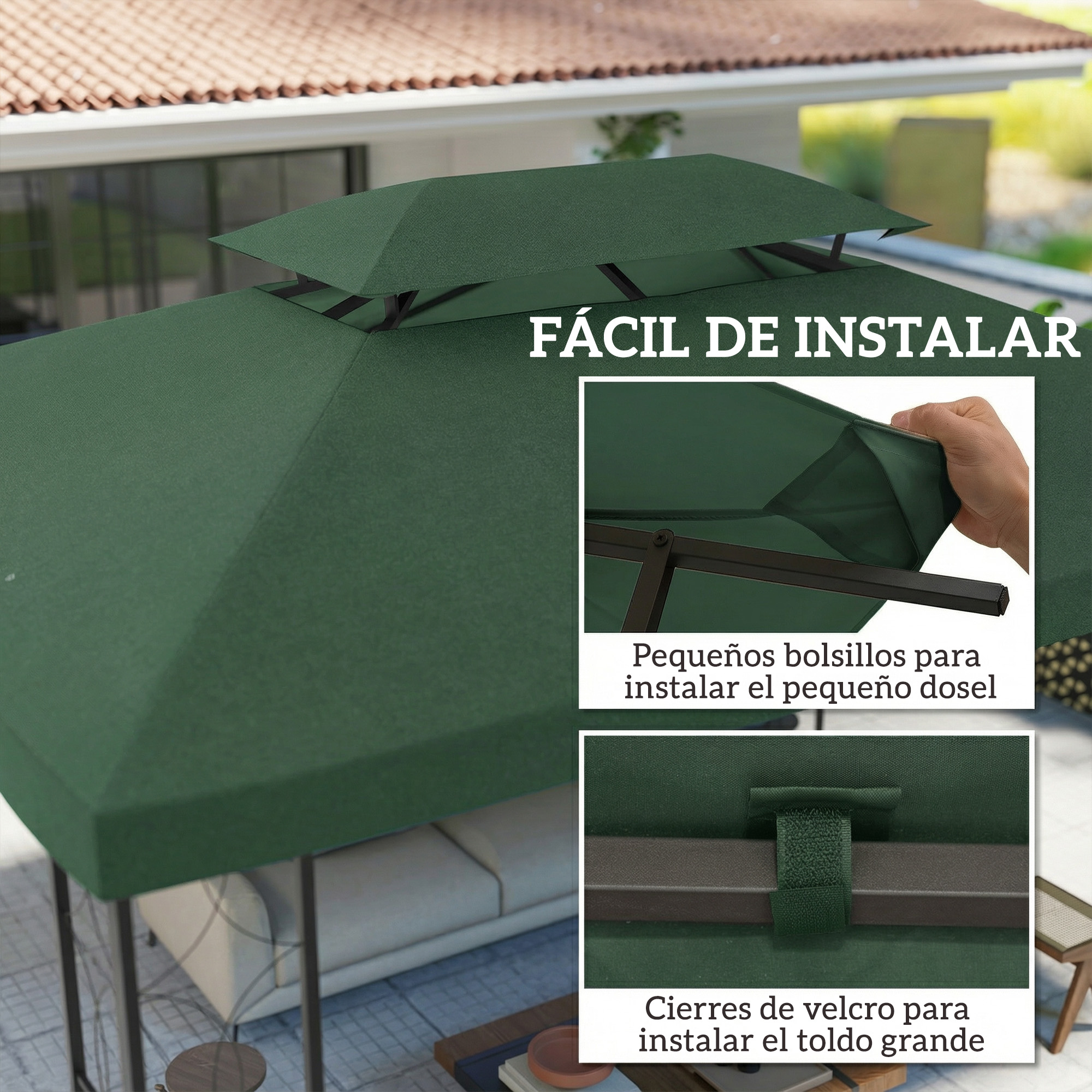 Lona verde de cenador con marco metálico y detalles de instalación.
