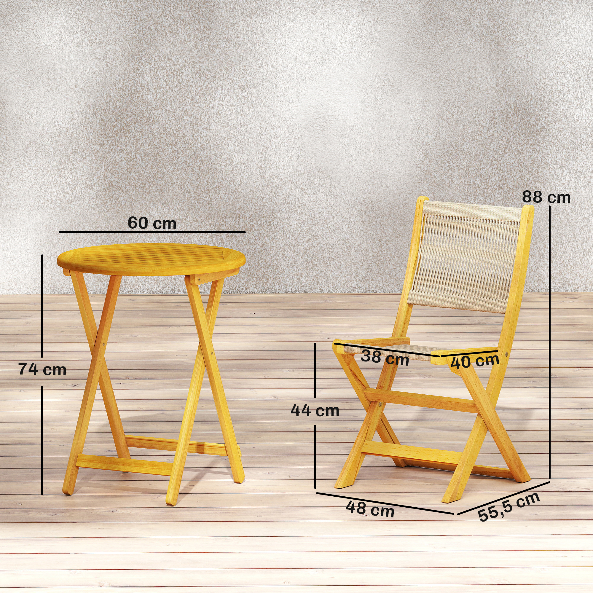 Una mesa plegable amarilla (60x74cm) y una silla (88cm alto, 40cm altura asiento).
