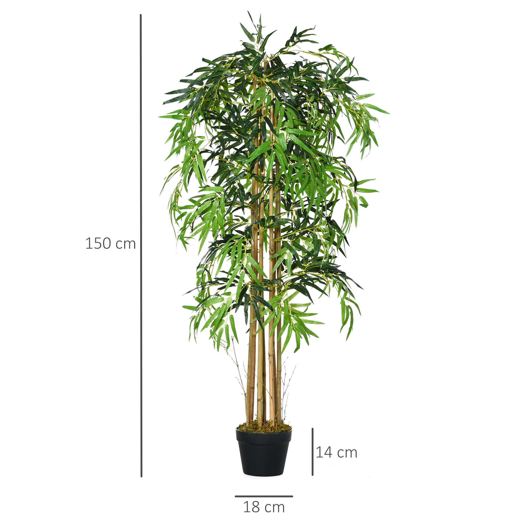Una planta de bambú artificial de 150 cm de altura en una maceta negra.
