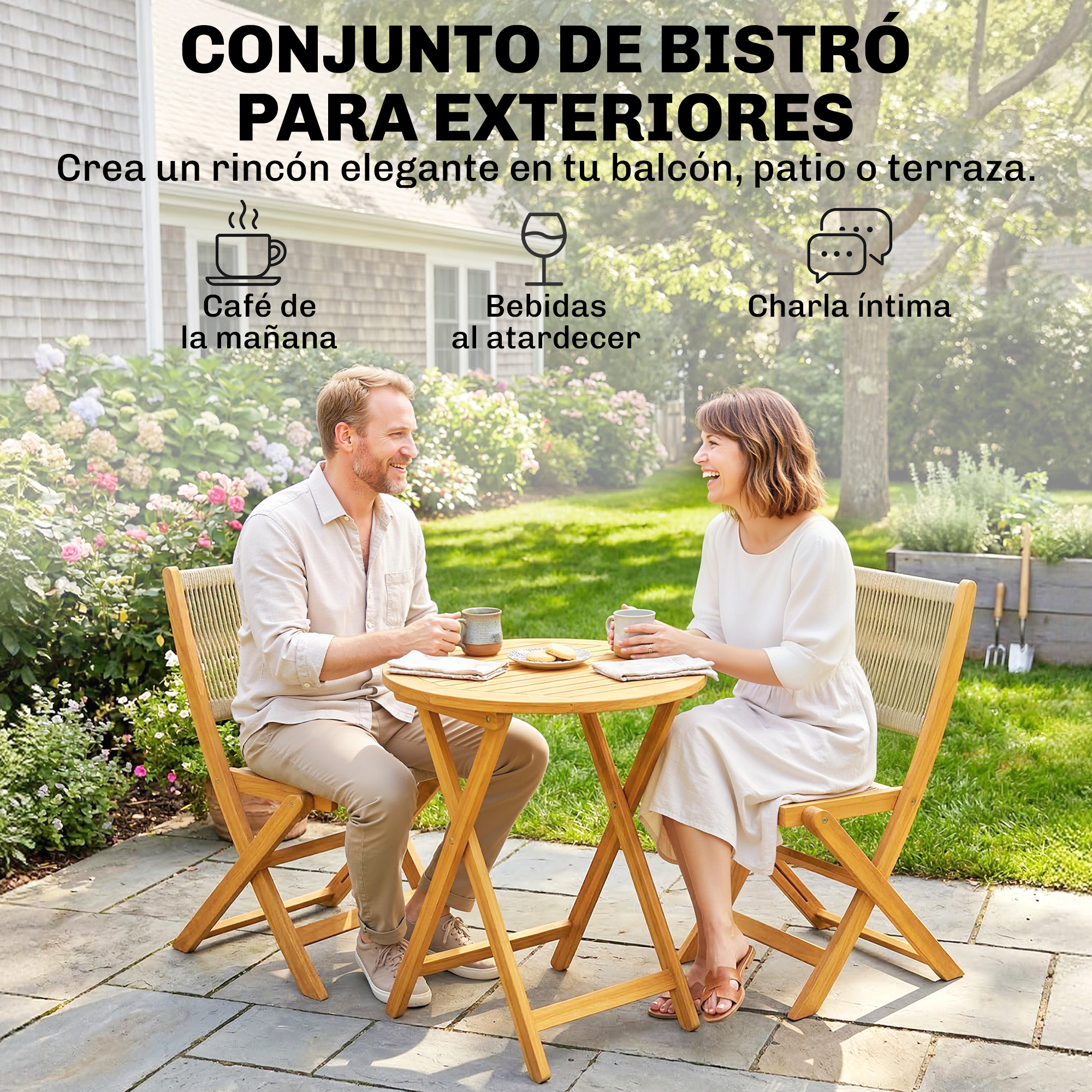 Una pareja sentada en una mesa de madera al aire libre, rodeada de flores.