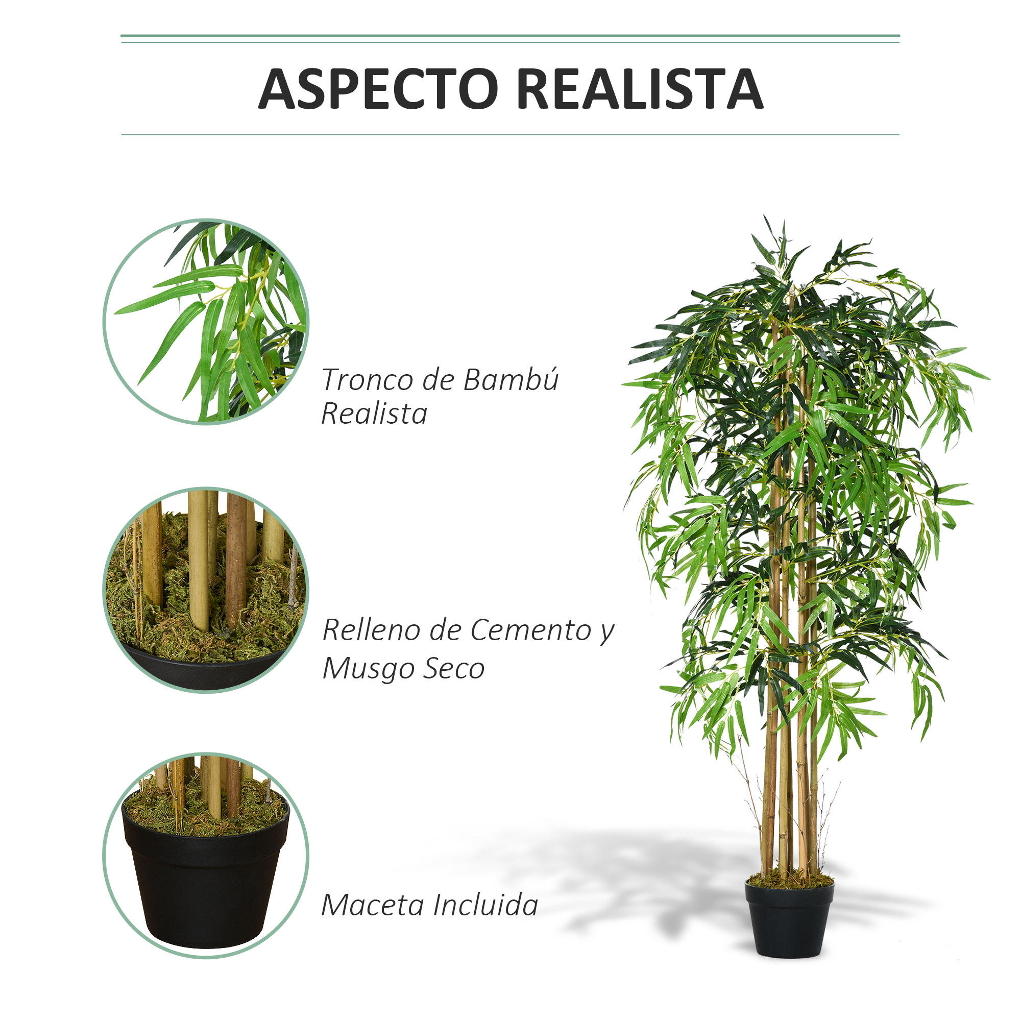 Planta de bambú realista con hojas verdes y troncos en una maceta negra.