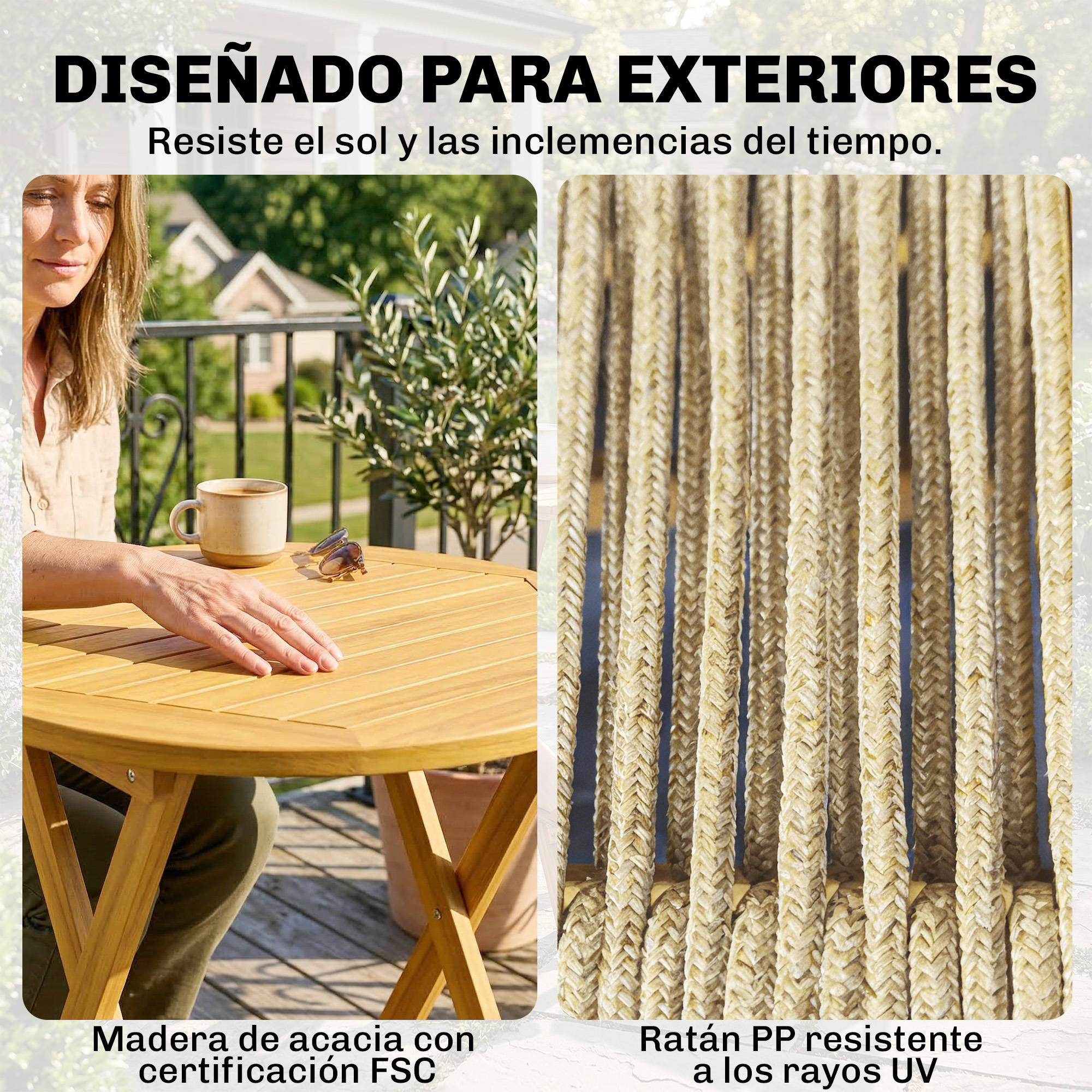 Imagen dividida: izquierda mujer en mesa de madera, derecha material tejido.