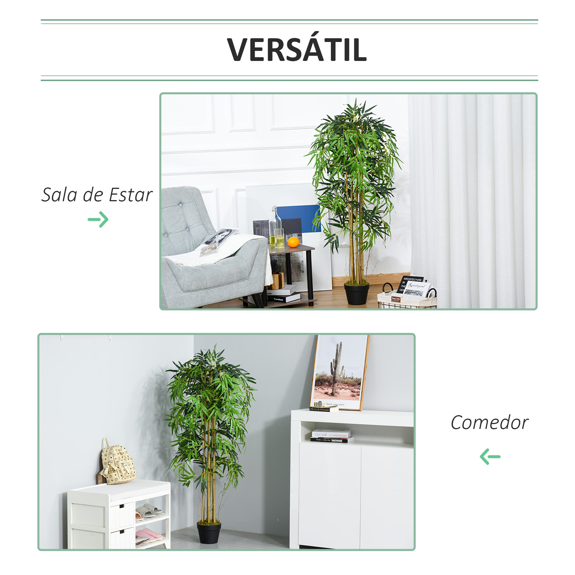 Una planta de bambú realista en una sala de estar con sillón y mesa auxiliar.